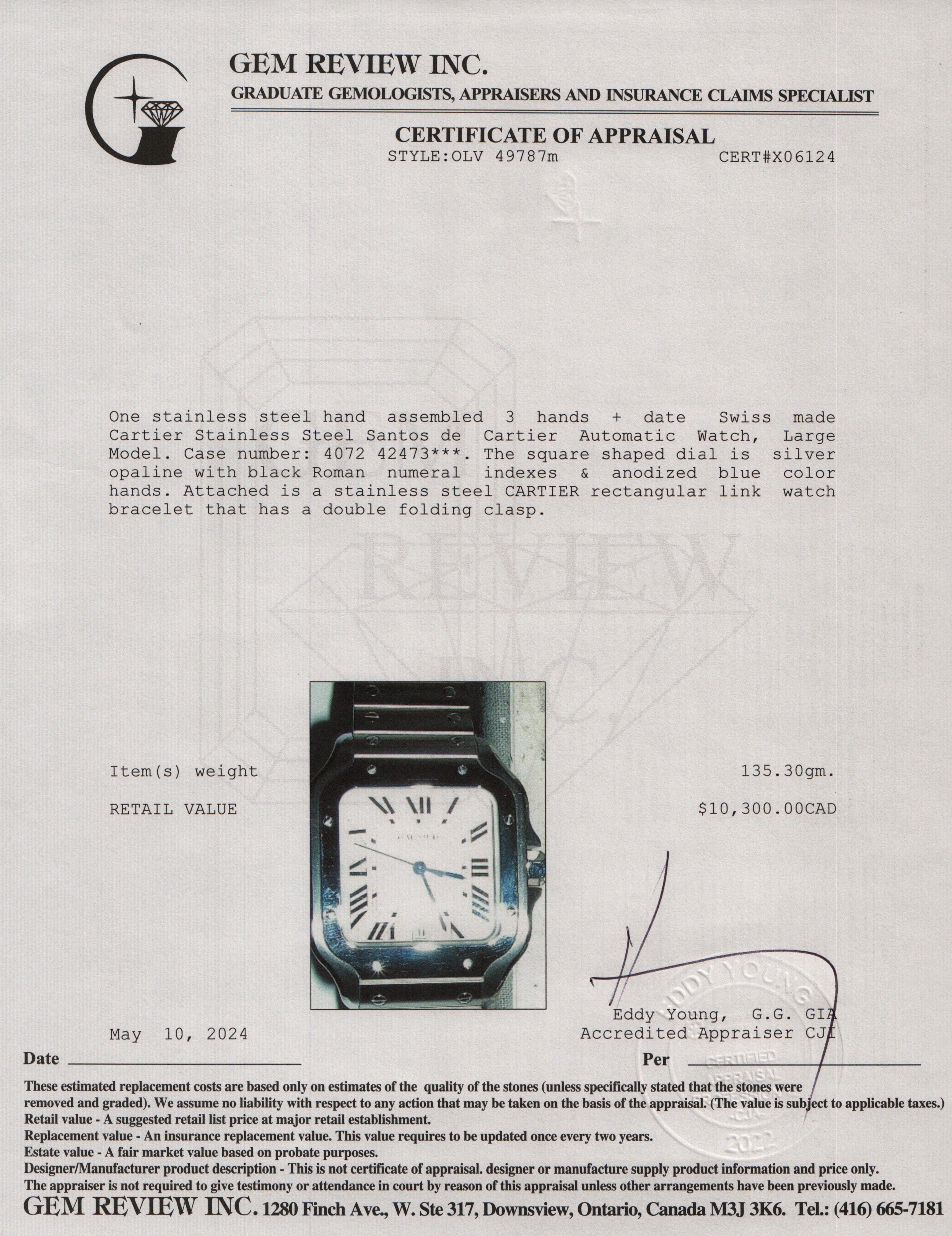 Cartier Stainless Steel Santos de Cartier Automatic Watch, Large Model 4072 w/ Box