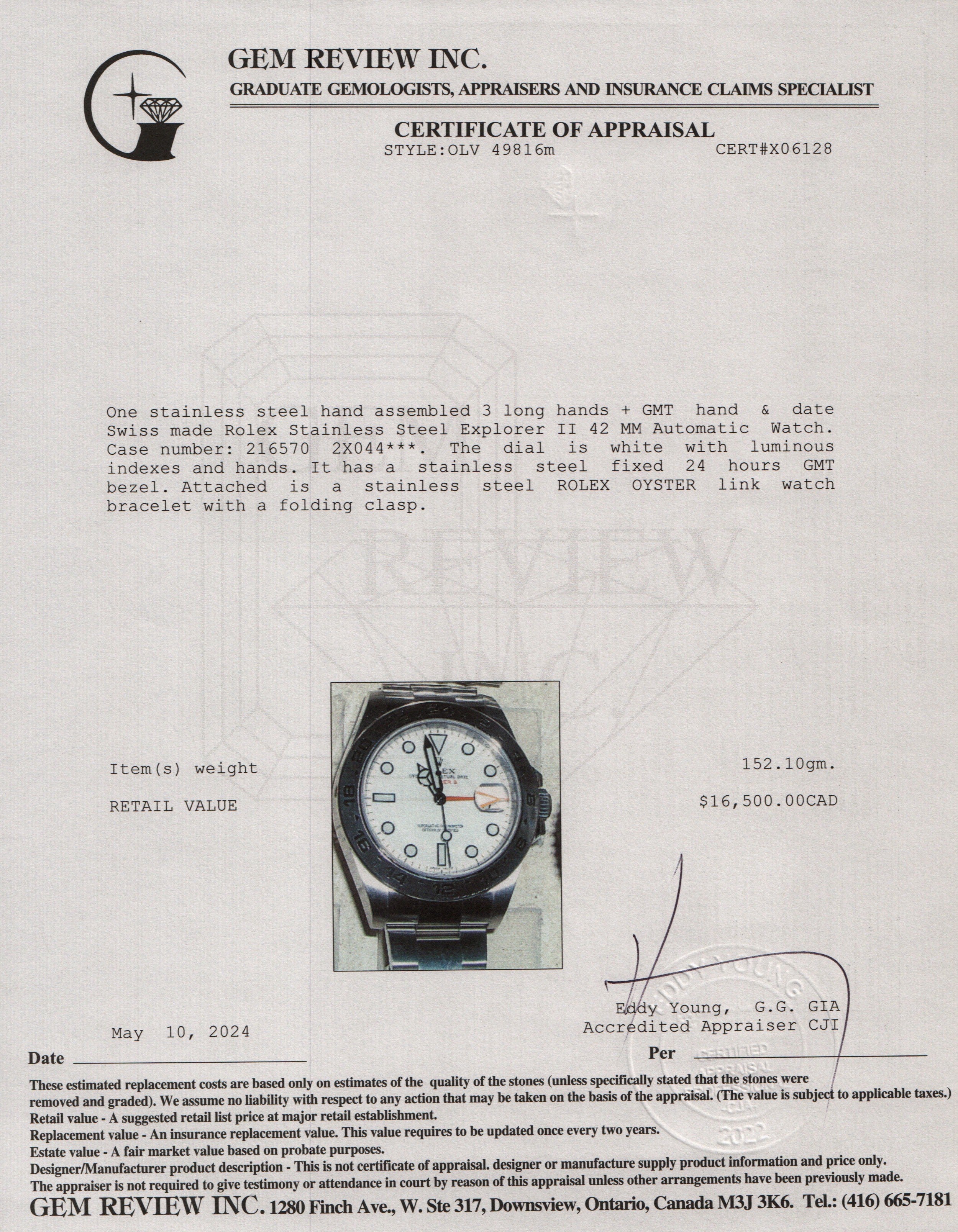 Rolex Stainless Steel Explorer II 42 MM Automatic Watch 216570 w/ Box & Papers