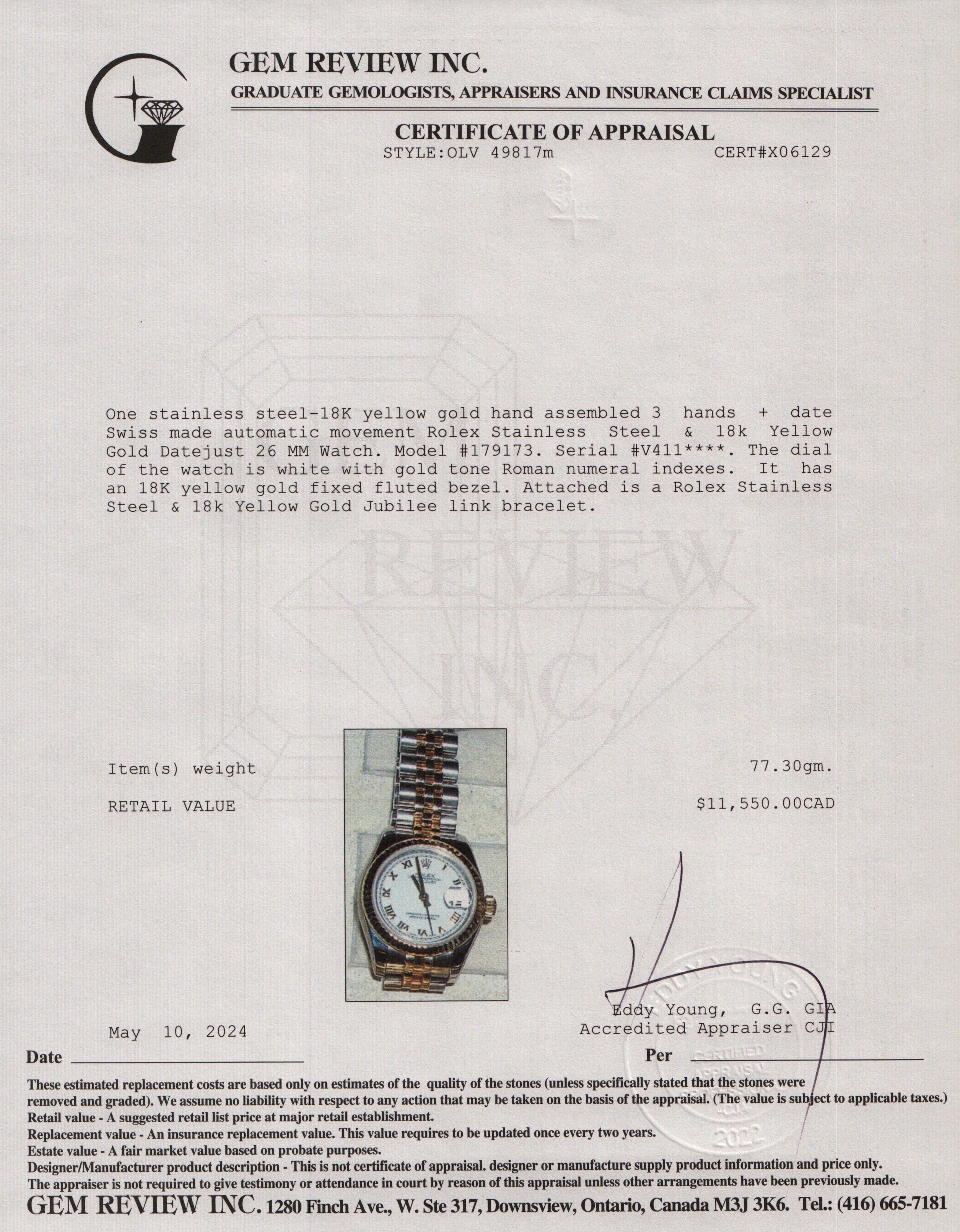 Rolex Stainless Steel & 18k Yellow Gold Datejust 26 MM Watch 179173