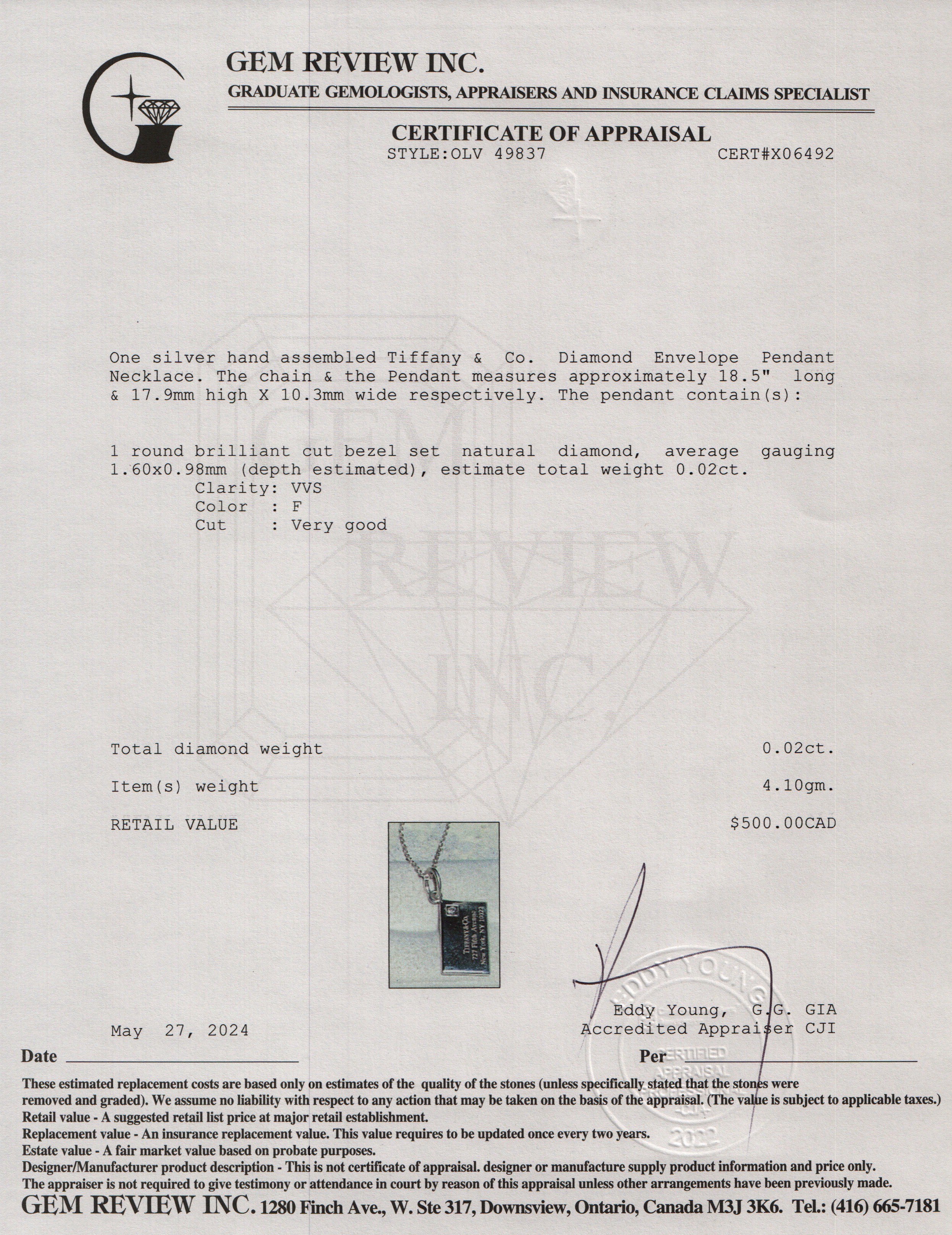 Tiffany & Co. Sterling Silver Diamond Envelope Pendant Necklace