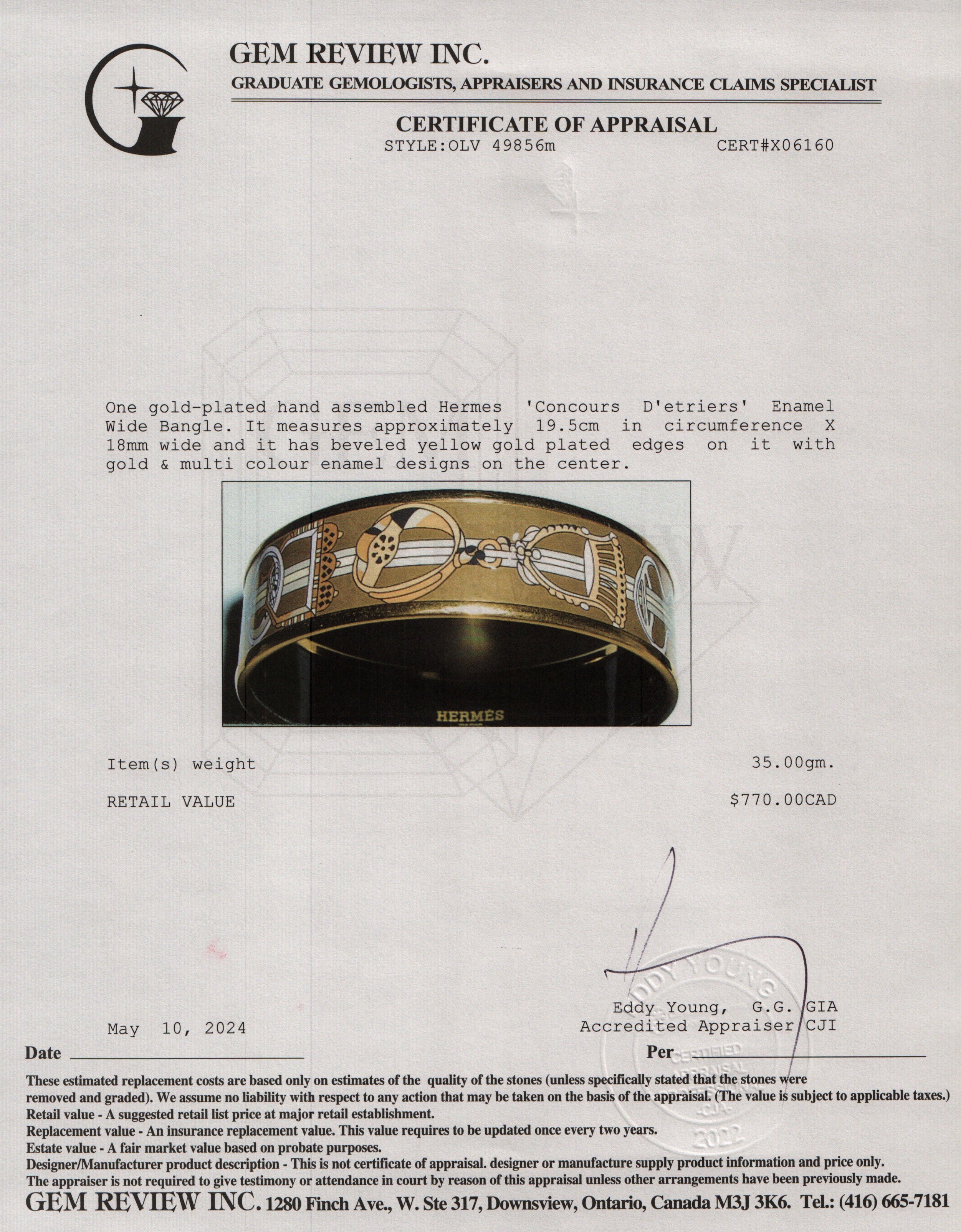 Hermes Gold-Plated 'Concours D'etriers' Enamel Wide Bangle