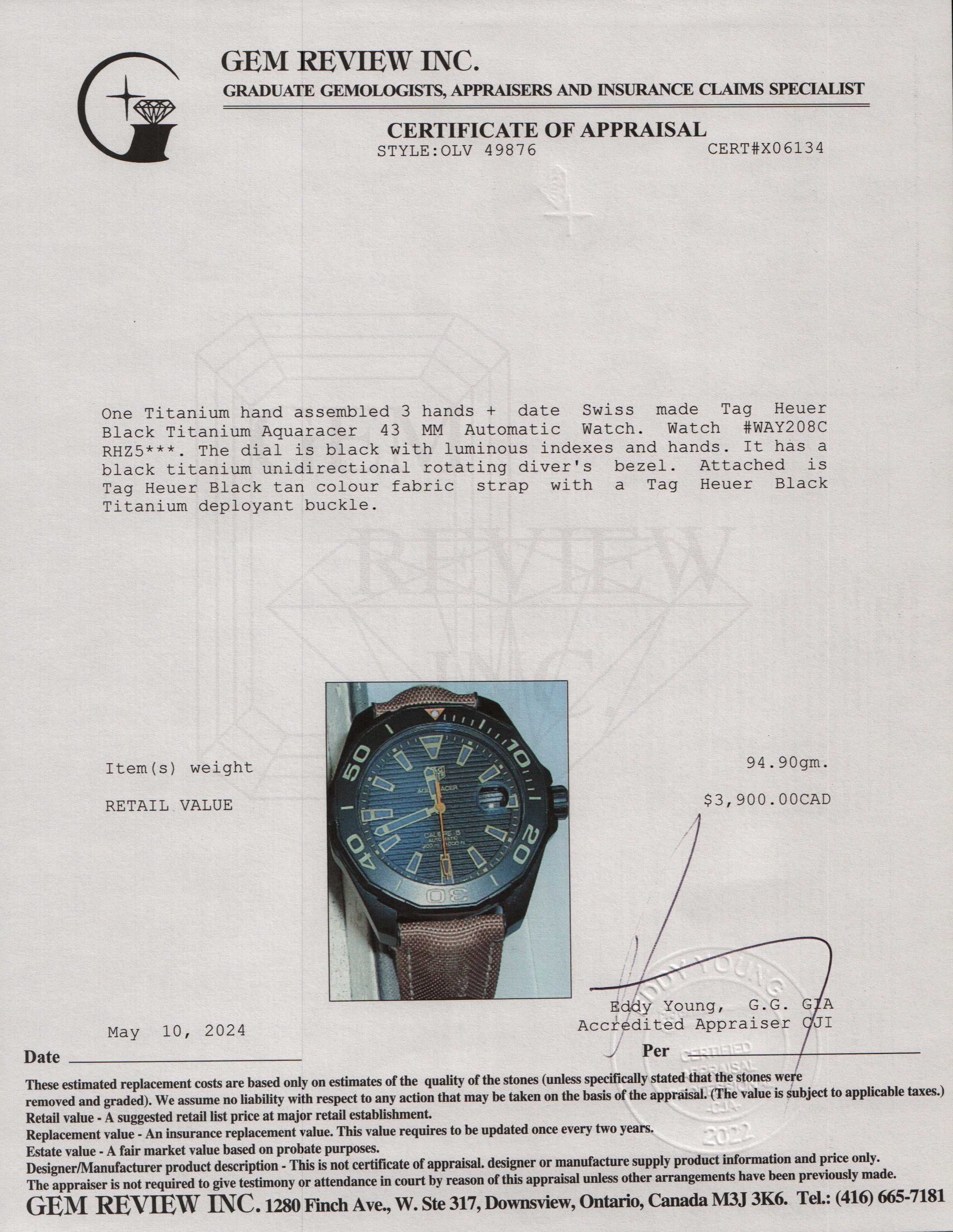 Tag Heuer Black Titanium Aquaracer 43 MM Automatic Watch WAY208C