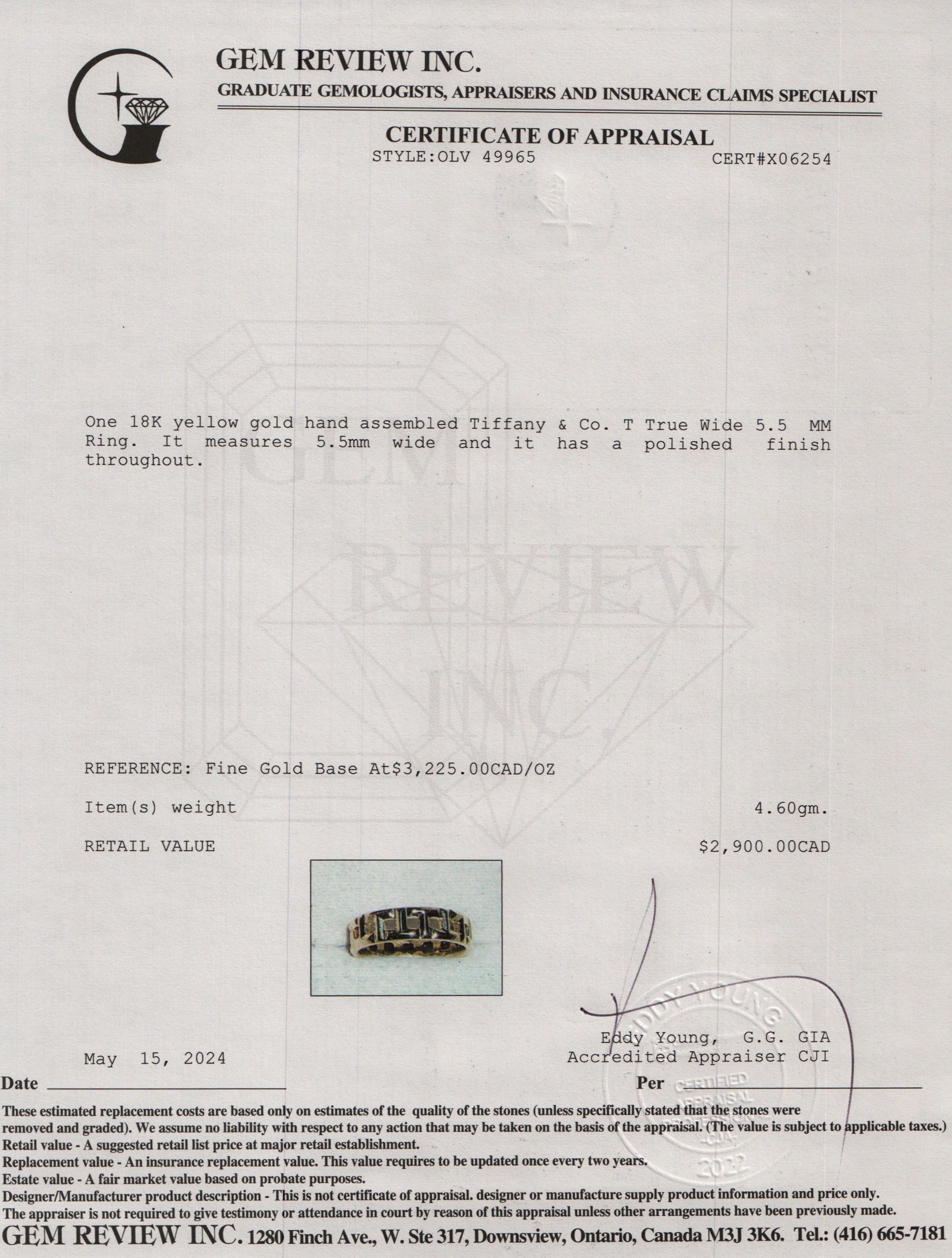 Tiffany & Co. 18k Yellow Gold T True Wide 5.5 MM Ring, Size 6.5