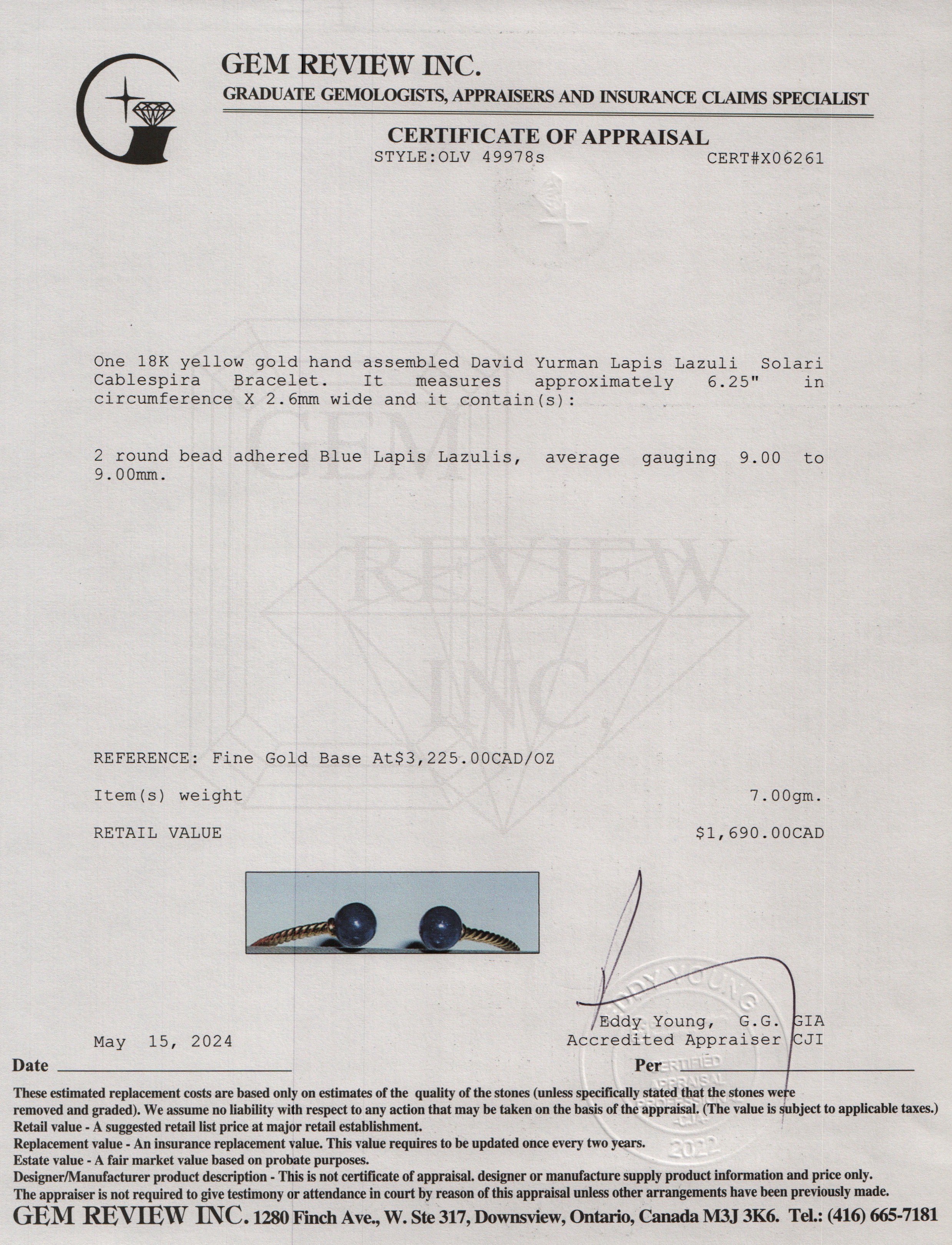 David Yurman 18k Yellow Gold Lapis Lazuli Solari Cablespira Bracelet