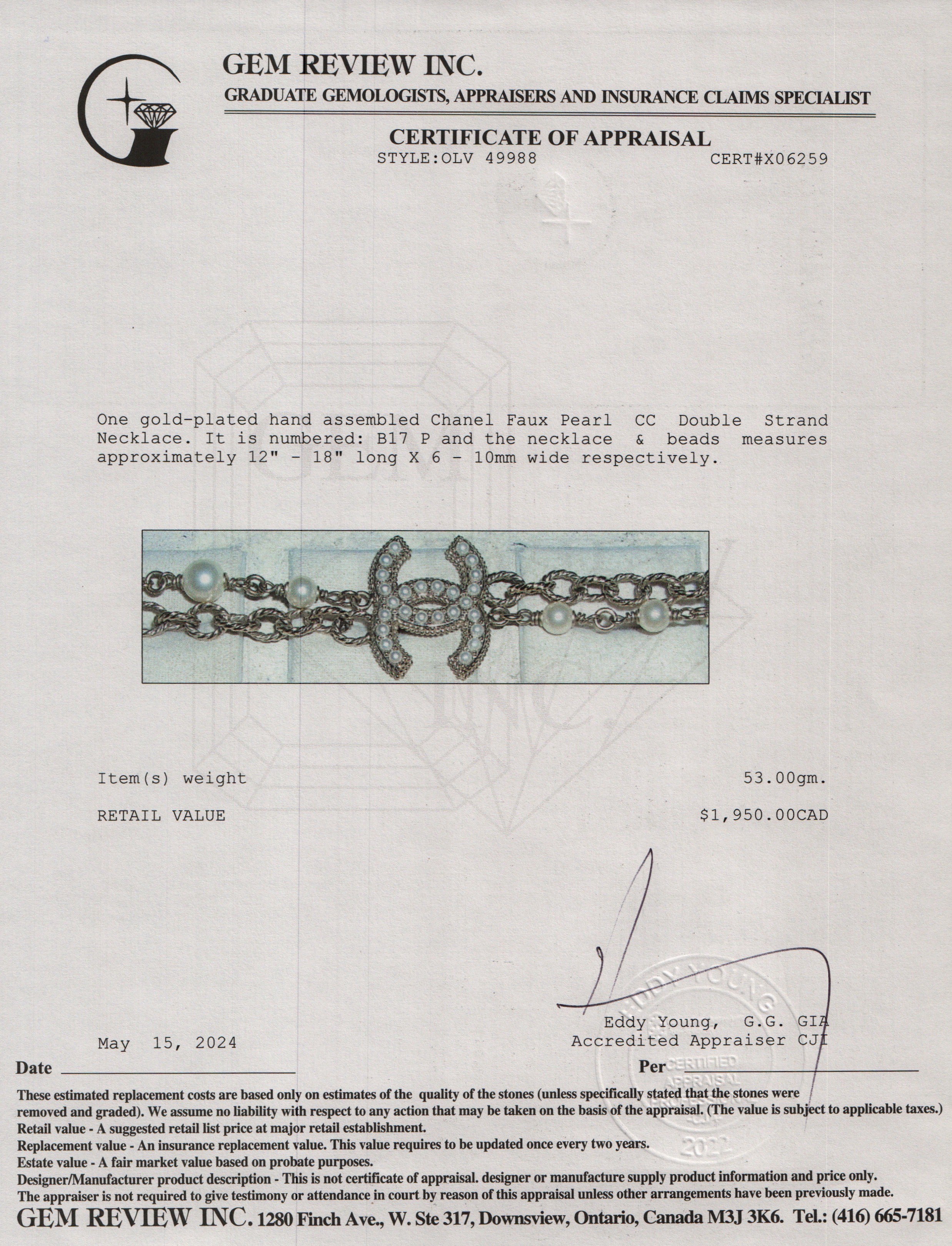 Chanel Gold Plated Faux Pearl CC Double Strand Necklace