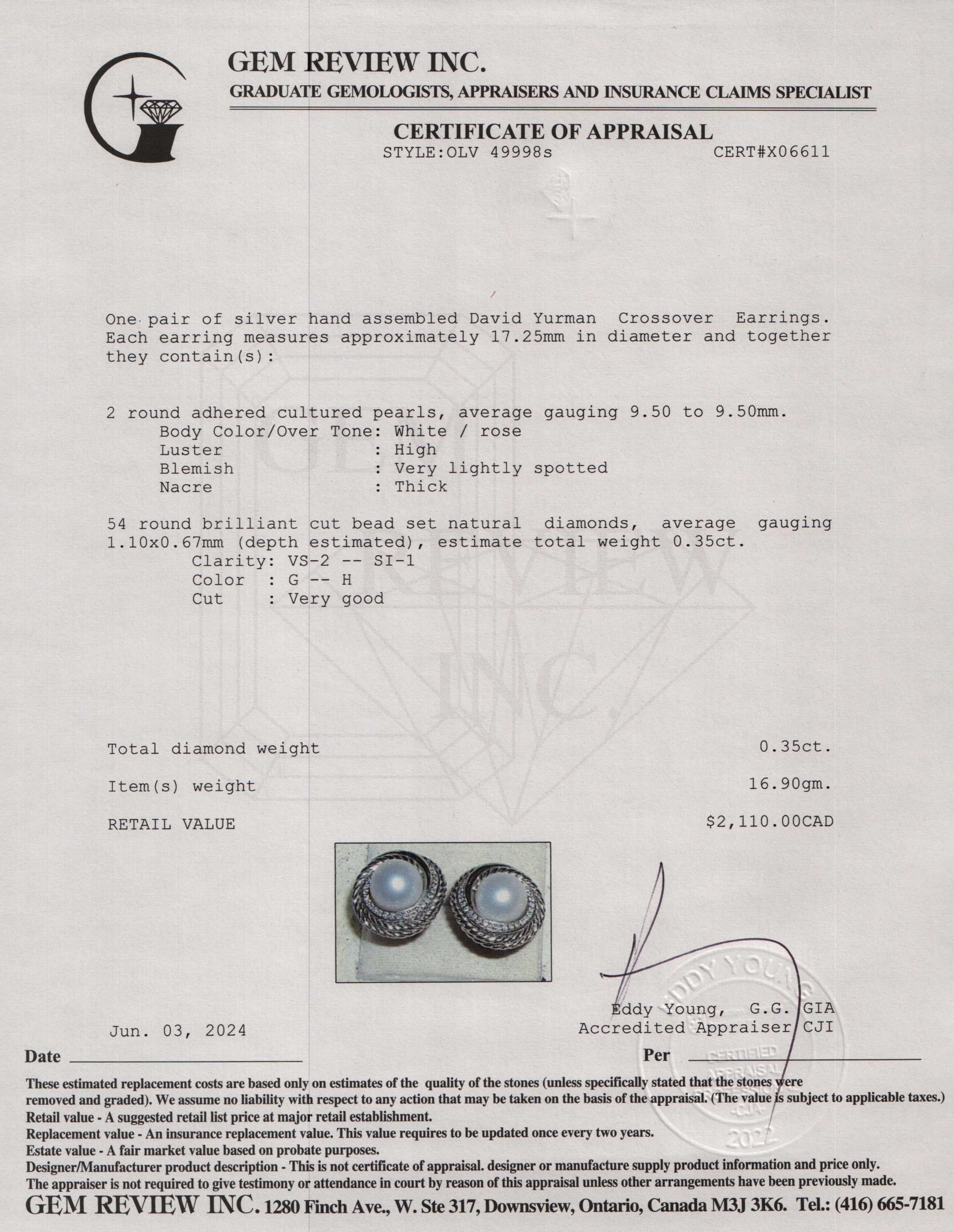 David Yurman Sterling Silver Pearl & Diamond Crossover Earrings