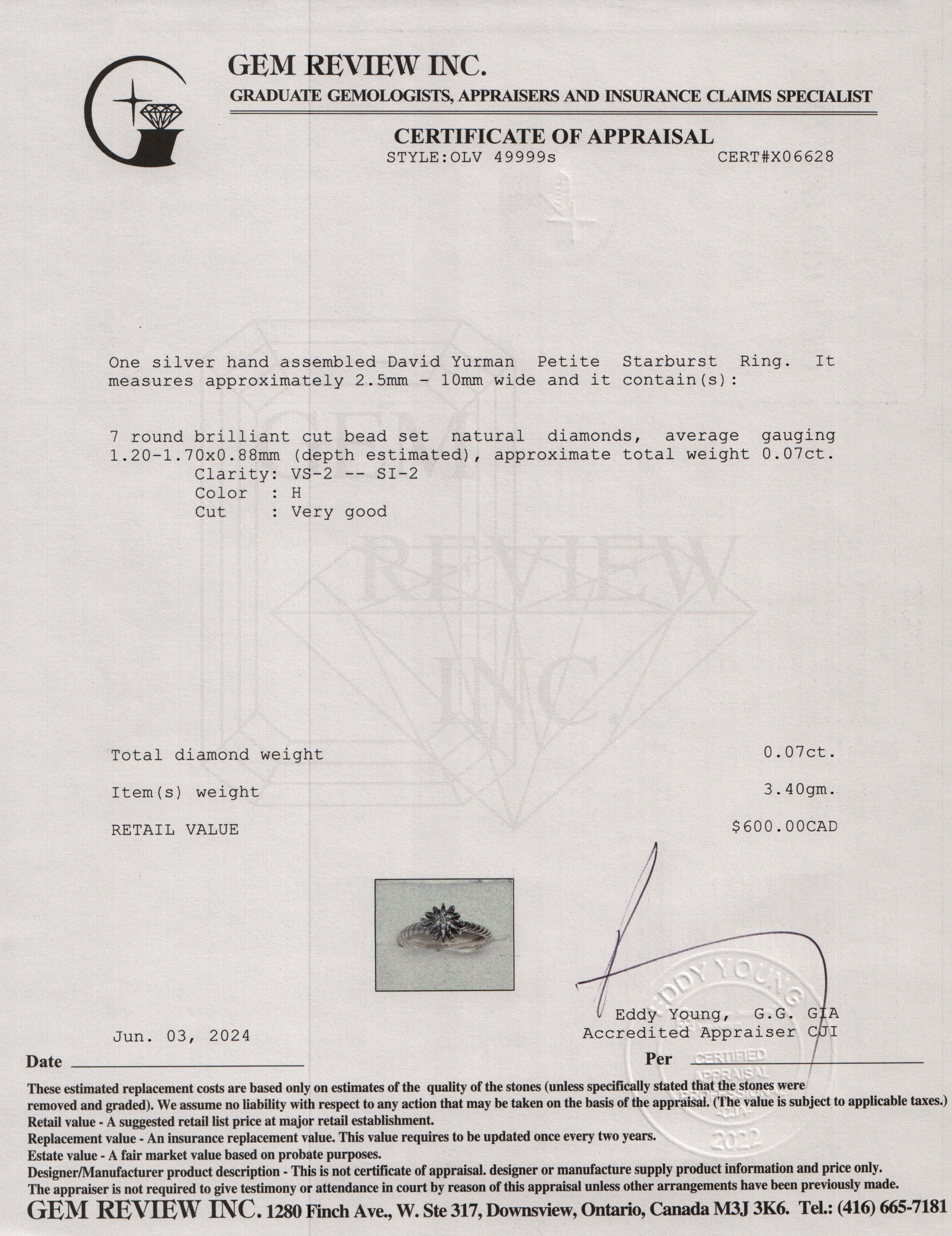 David Yurman Sterling Silver Diamond Petite Starburst Ring, Size 7.5