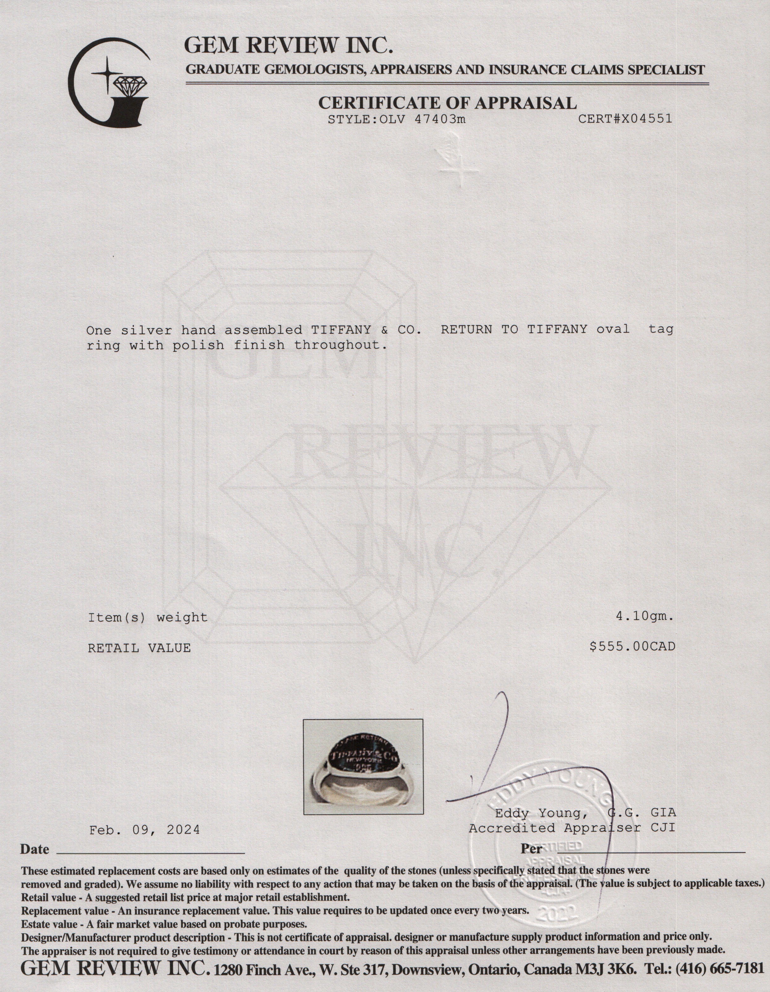 Tiffany & Co. Sterling Silver Return to Tiffany Oval Tag Ring, Ring Size 5.5