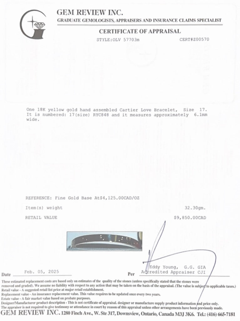 Cartier 2022 18k Yellow Gold Love Bracelet, Size 17 w/ Box, Receipt & Certificate