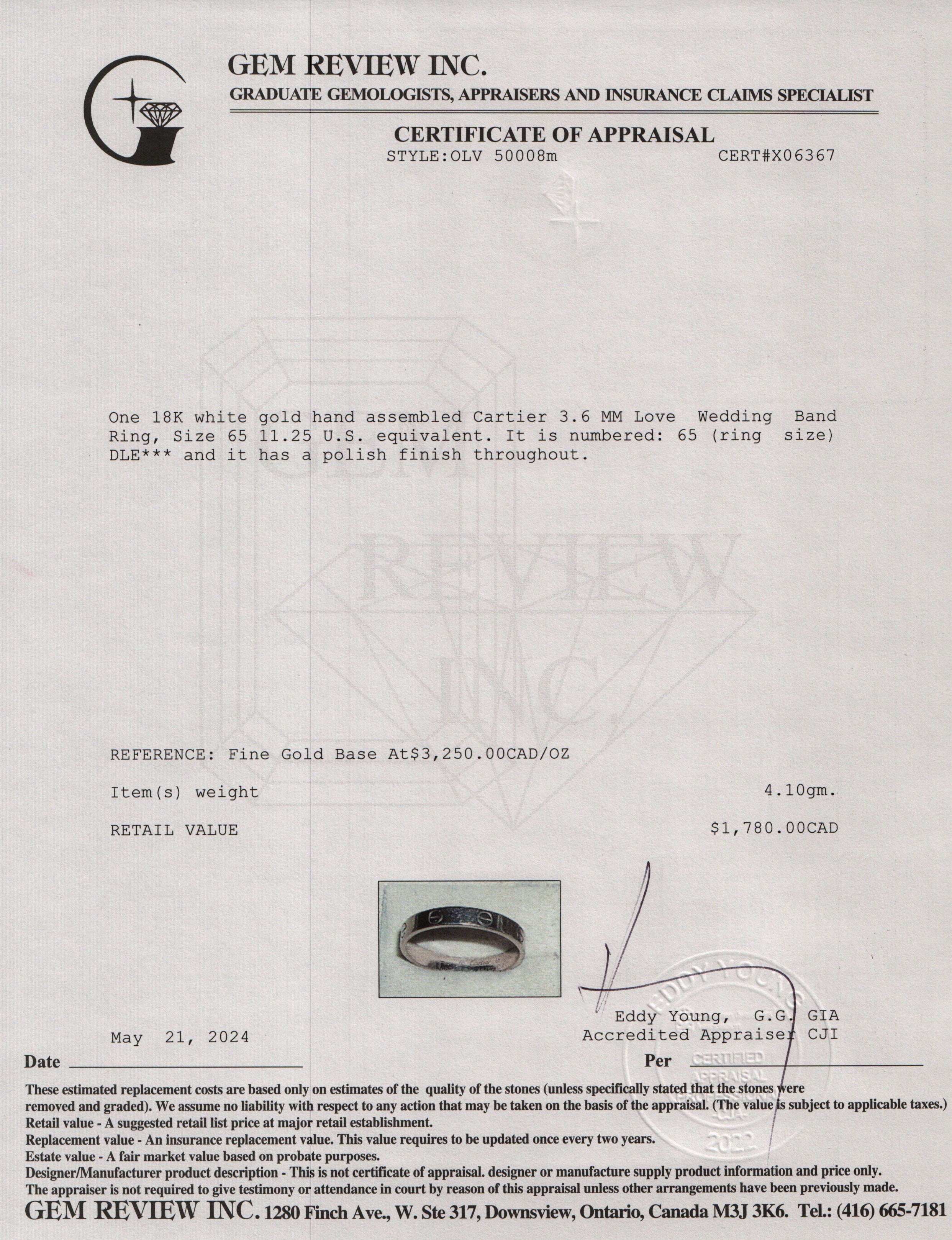 Cartier 18k White Gold 3.6 MM Love Wedding Band Ring, Size 65 11.25 w/ Box & Certificate
