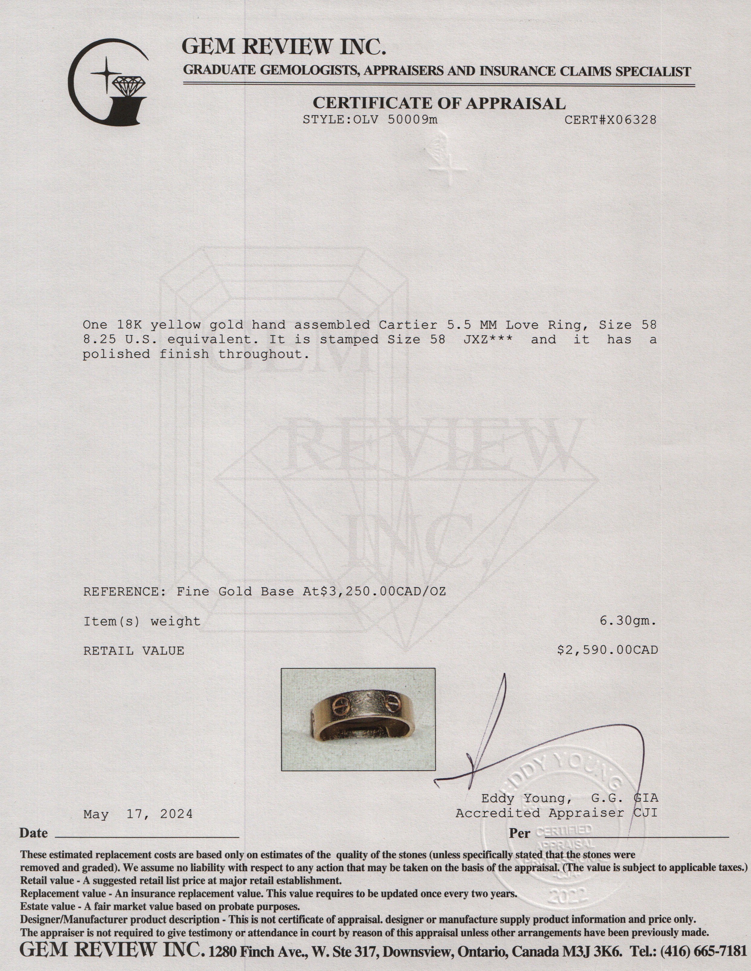 Cartier 18k Yellow Gold 5.5 MM Love Ring, Size 58 8.25 w/ Box, Receipt & Certificate