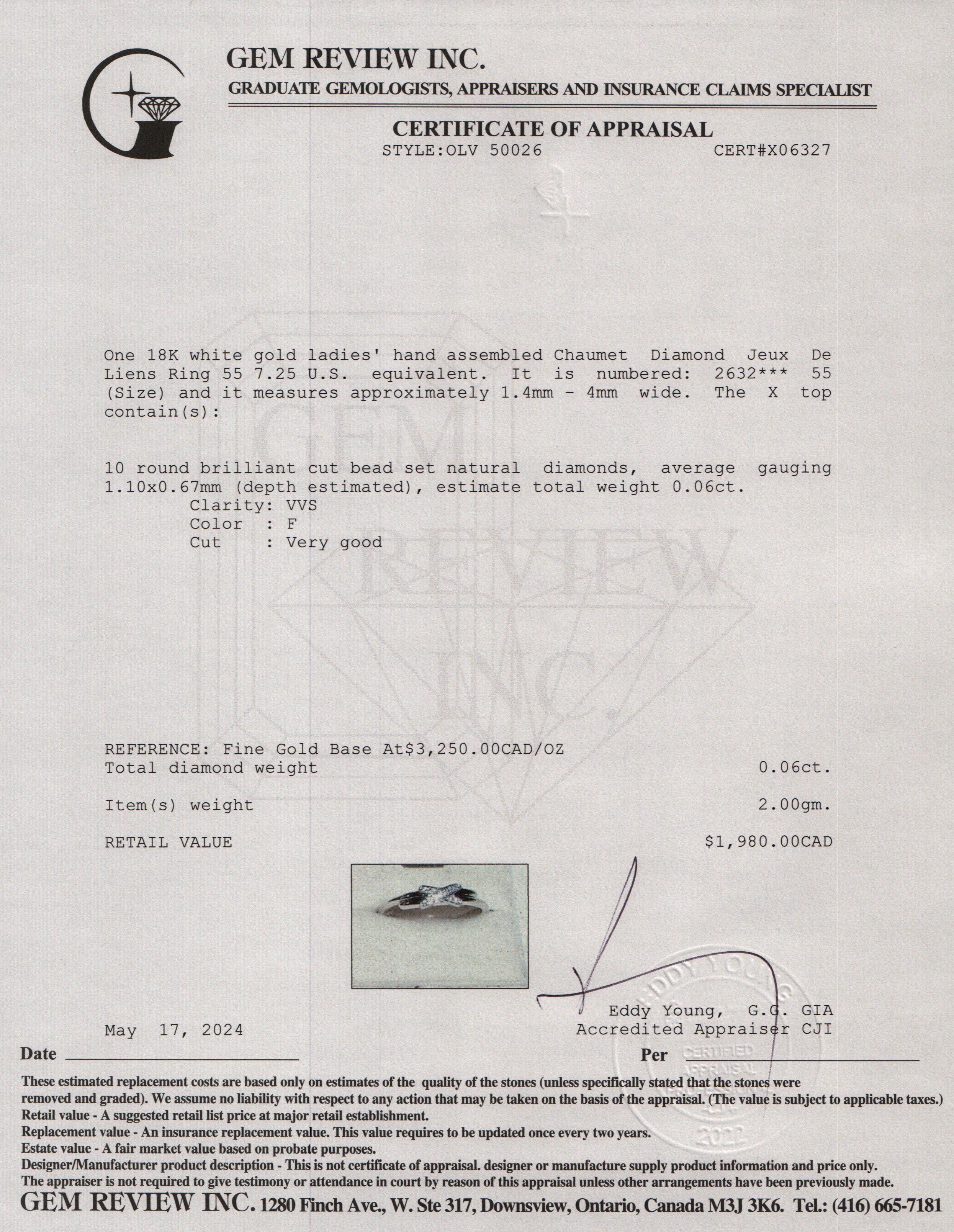 Chaumet 2024 18k White Gold Diamond Jeux De Liens Ring 55 7.25 w/ Box & Certificate