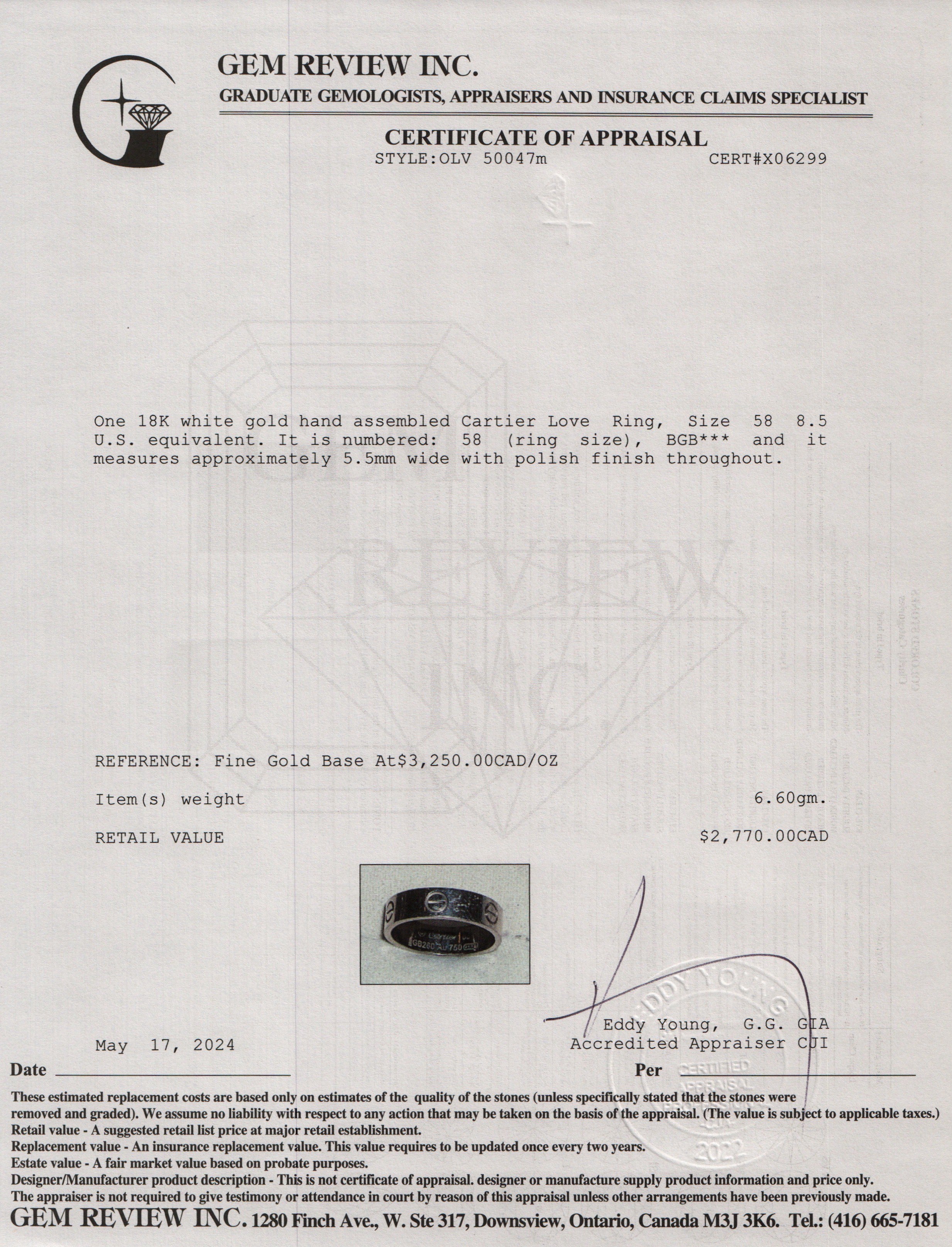 Cartier 18k White Gold 5.5MM Love Ring, Size 58 8.5
