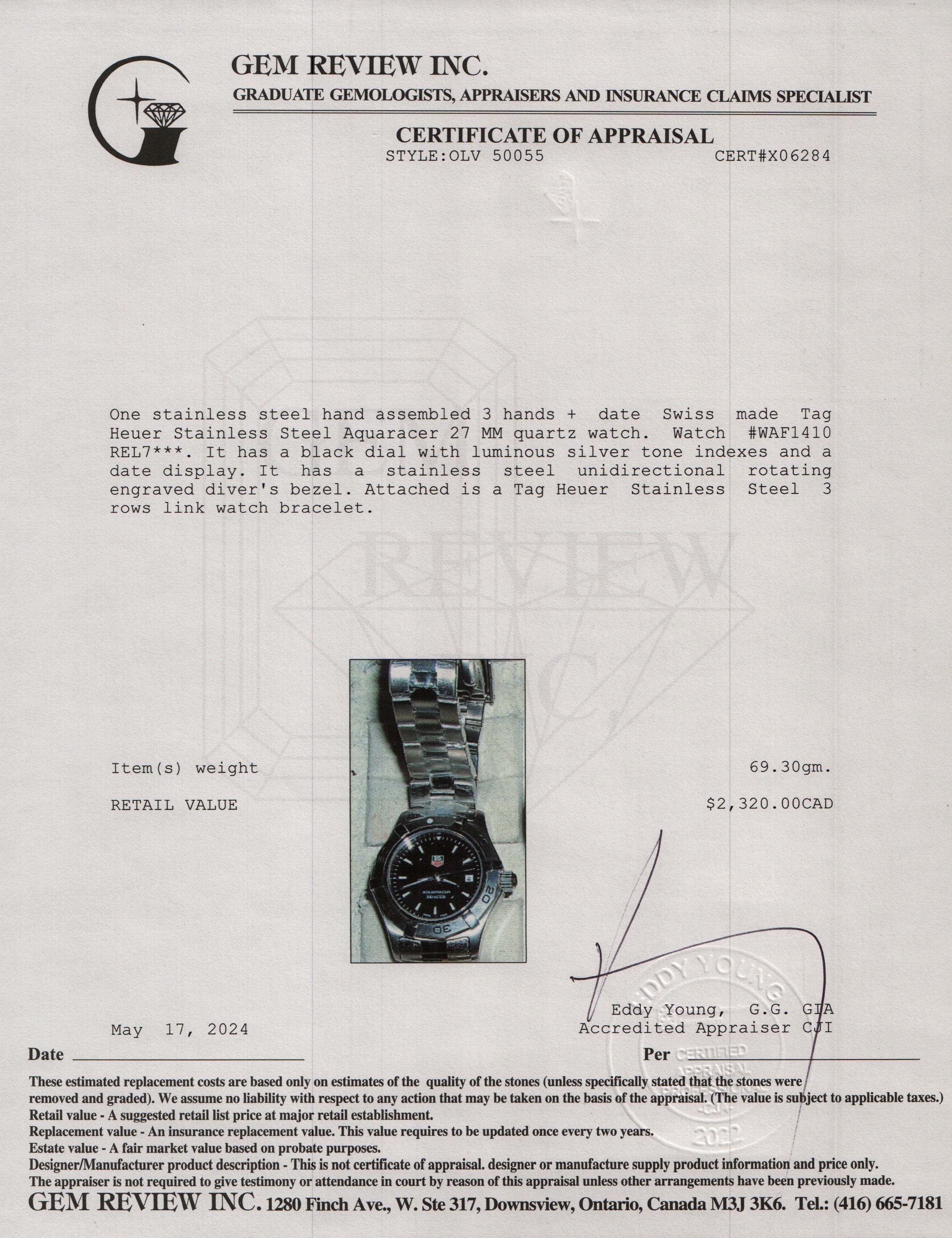 Tag Heuer Stainless Steel Aquaracer 27 MM Watch WAF1410 w/ Box & Papers