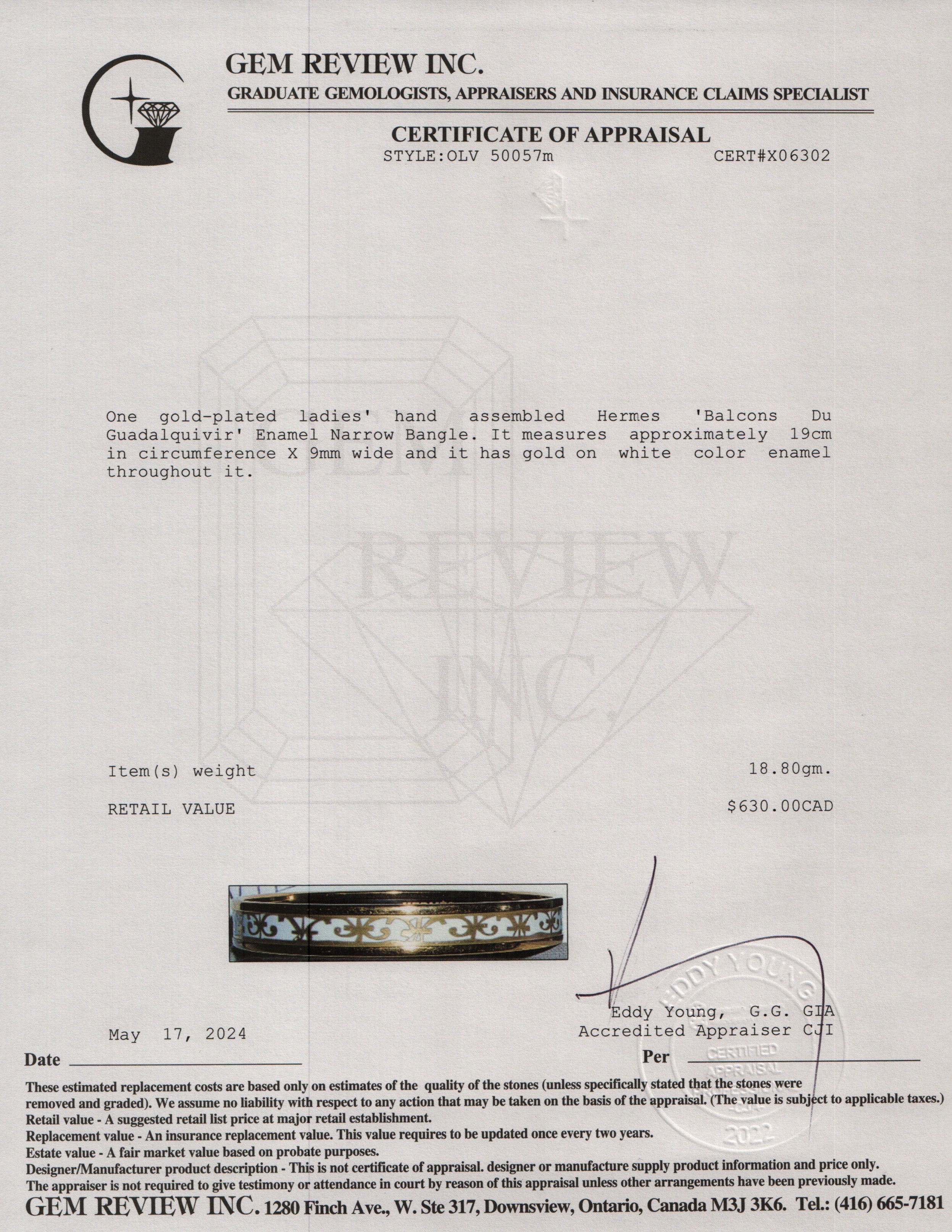 Hermes Gold-Plated 'Balcons Du Guadalquivir' Enamel Narrow Bangle