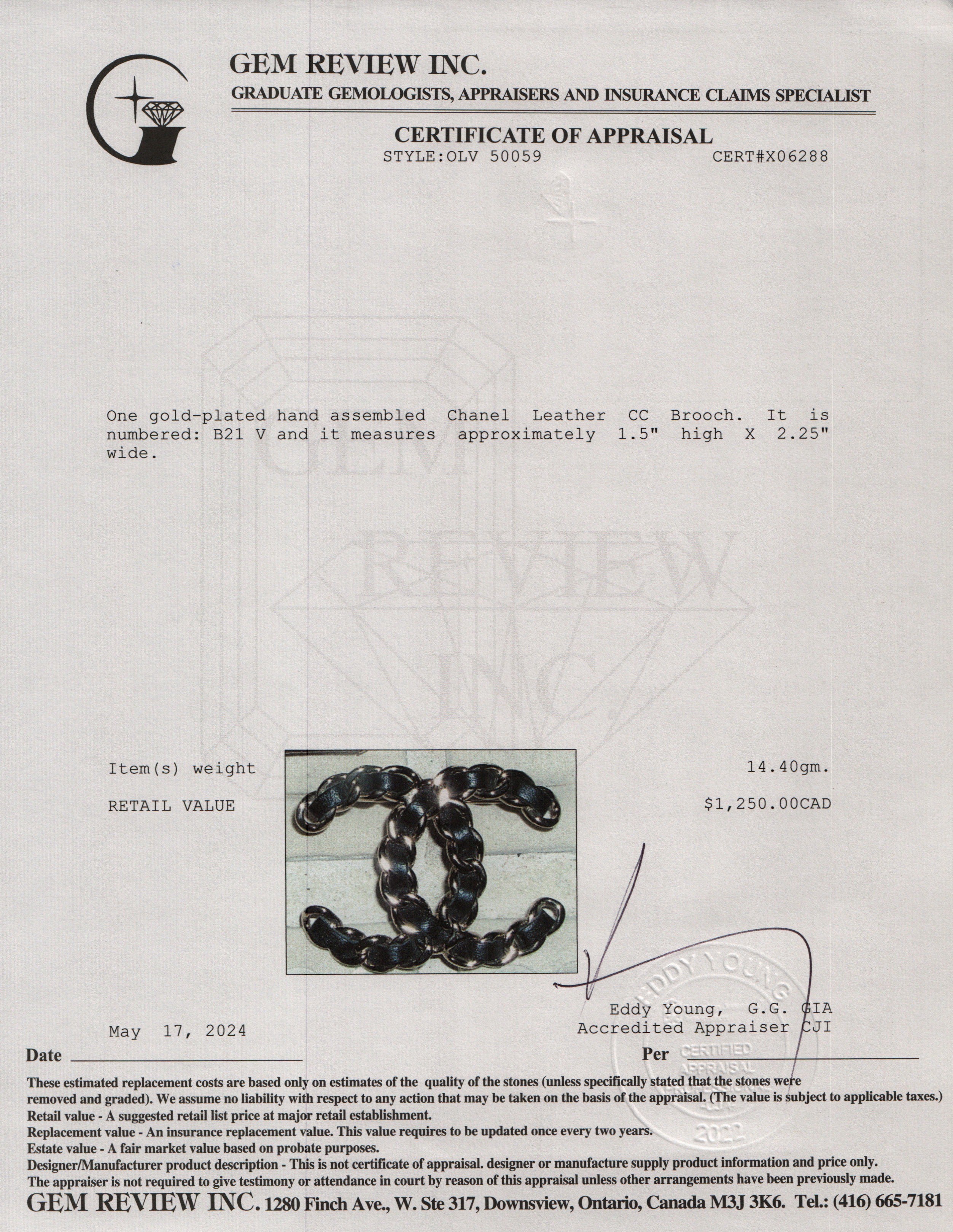 Chanel 2021 Gold Plated Leather CC Brooch w/ Box