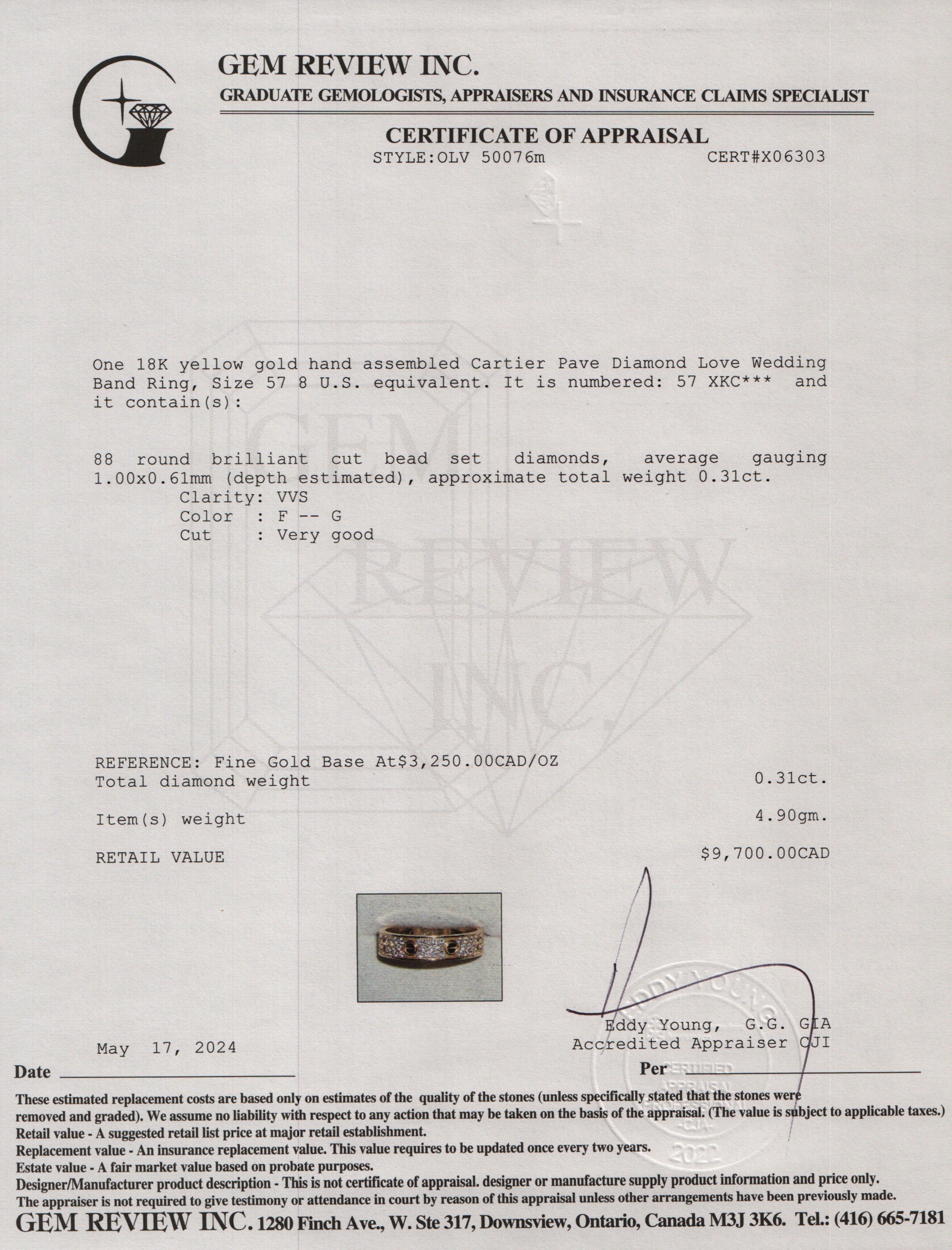 Cartier 2024 18k Yellow Gold Pave Diamond Love Wedding Band Ring, Size 57 8 w/ Box & Certificate