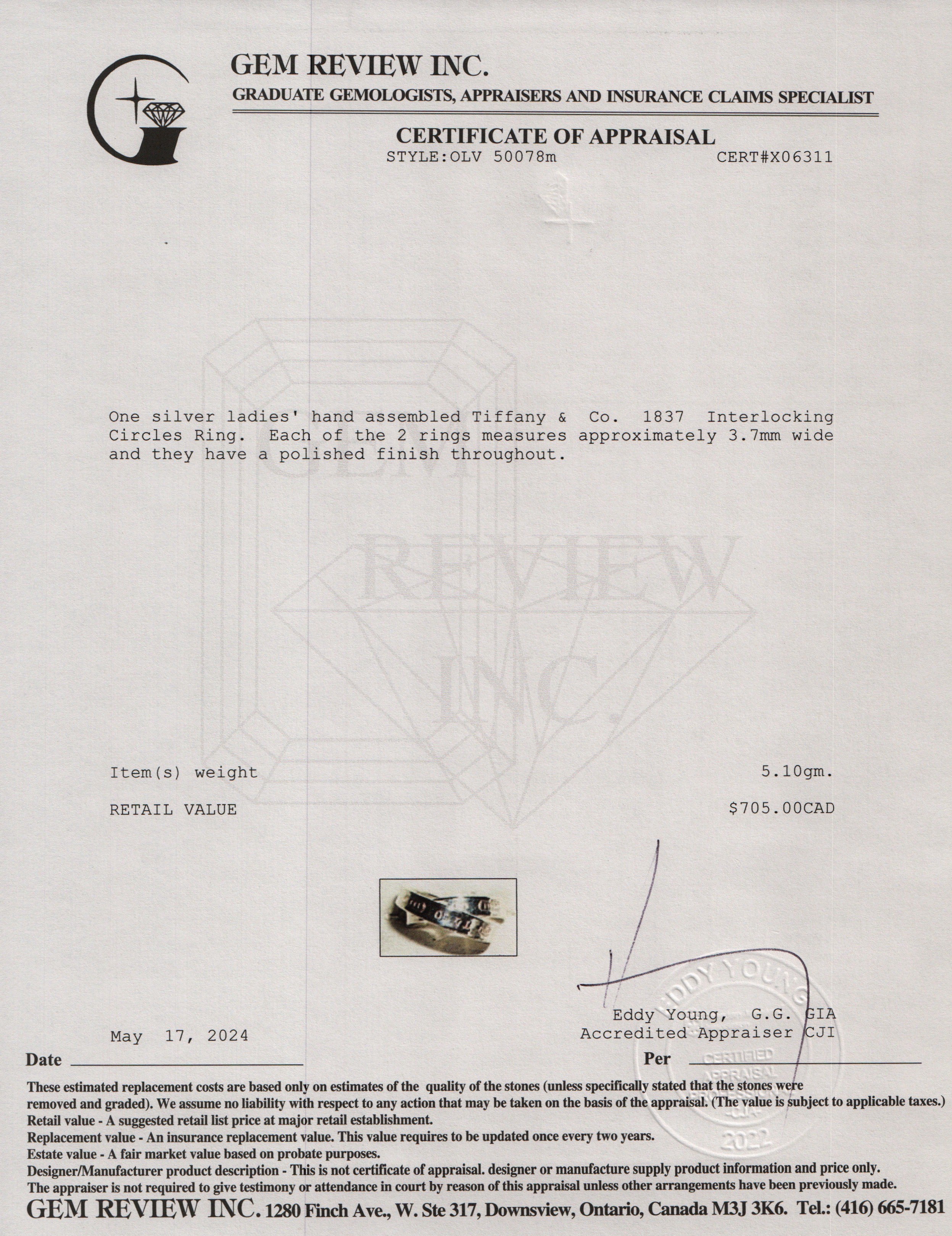 Tiffany & Co. Sterling Silver 1837 Interlocking Circles Ring, Size 5.75