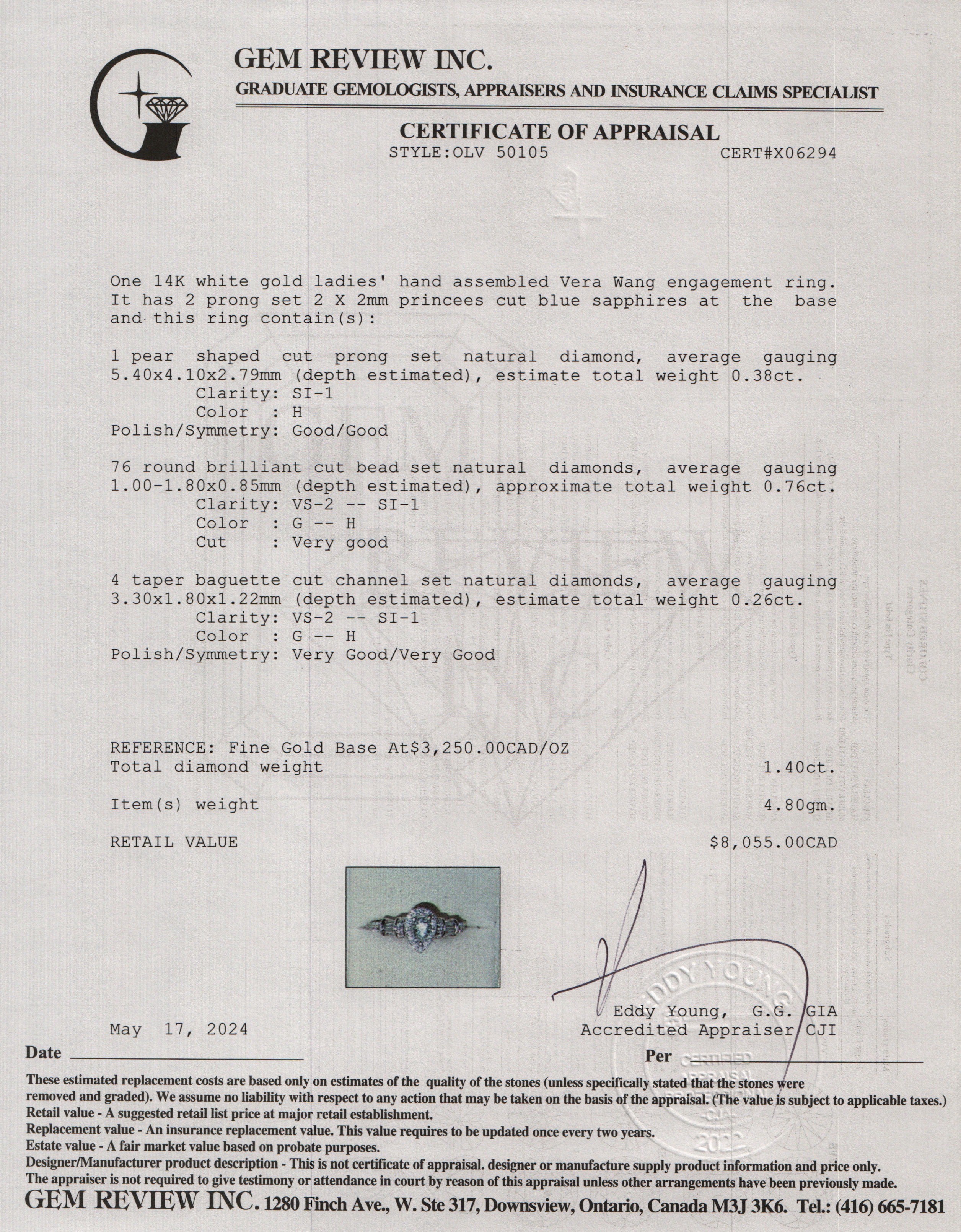 Vera Wang 14k White Gold Love Pear Shaped Cut Diamond Engagement Ring, Size 6.5 w/ Box