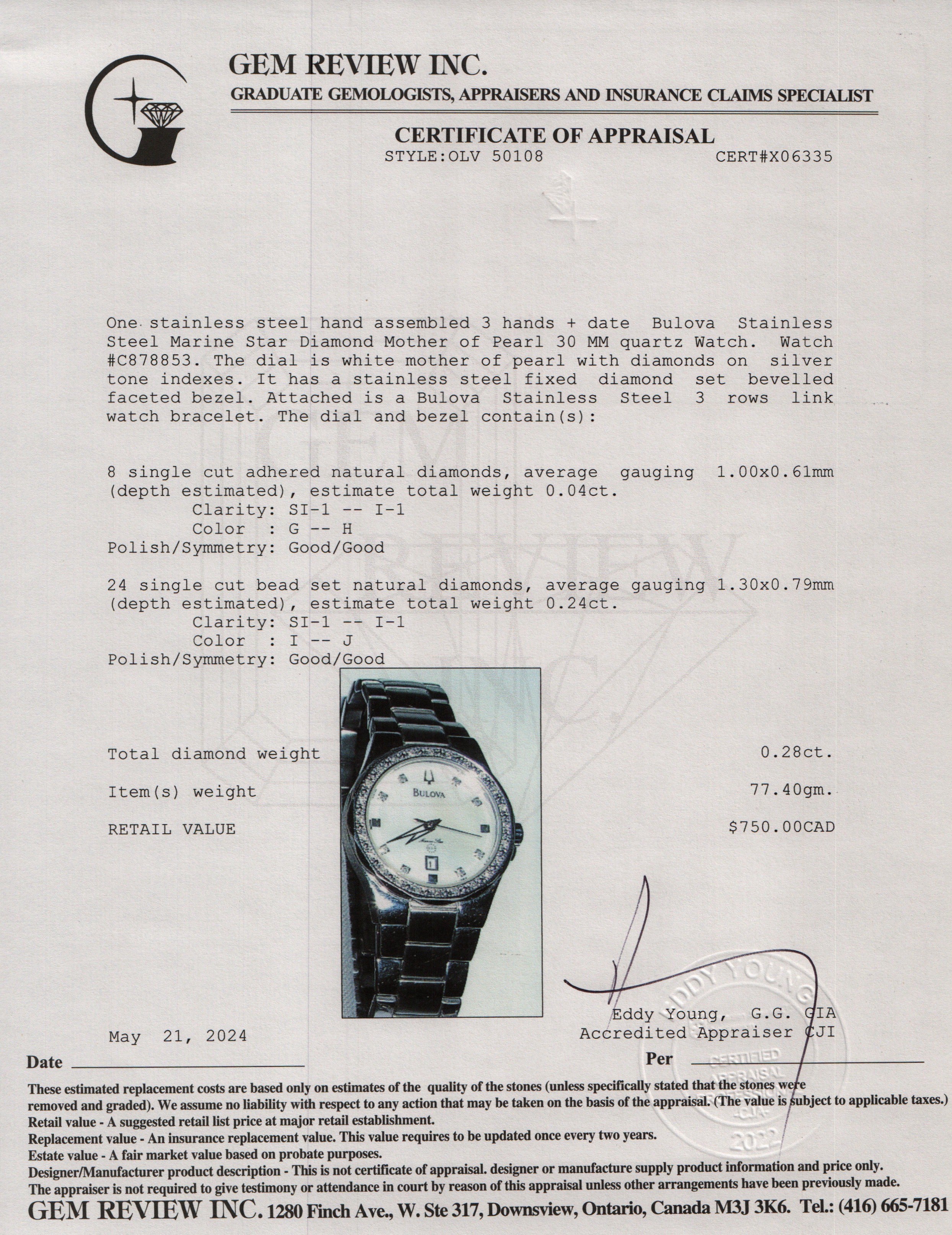 Bulova Stainless Steel Marine Star Diamond Mother of Pearl 30 MM Watch