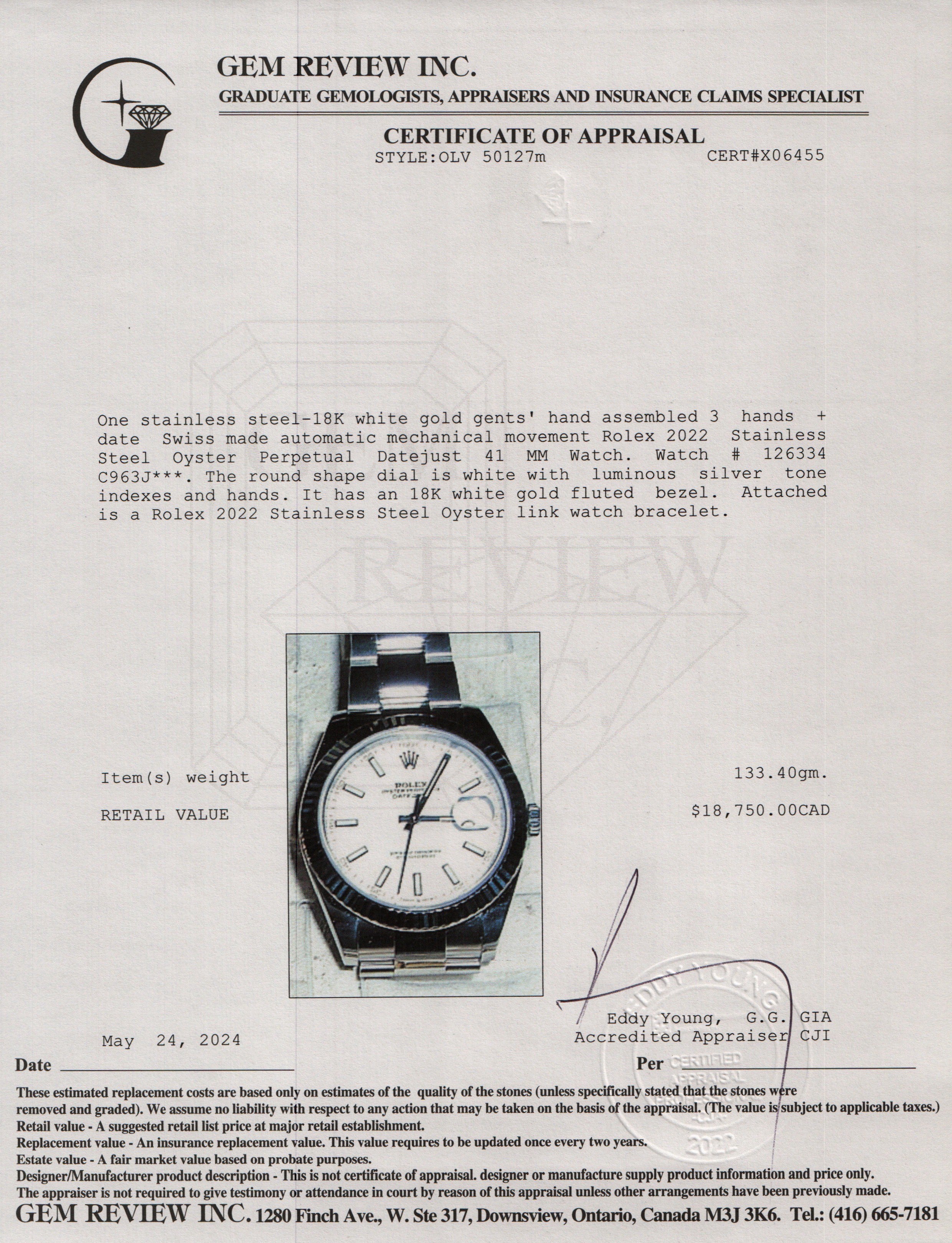 Rolex 2022 Stainless Steel Oyster Perpetual Datejust 41 MM Watch 126334 w/ Box & Papers