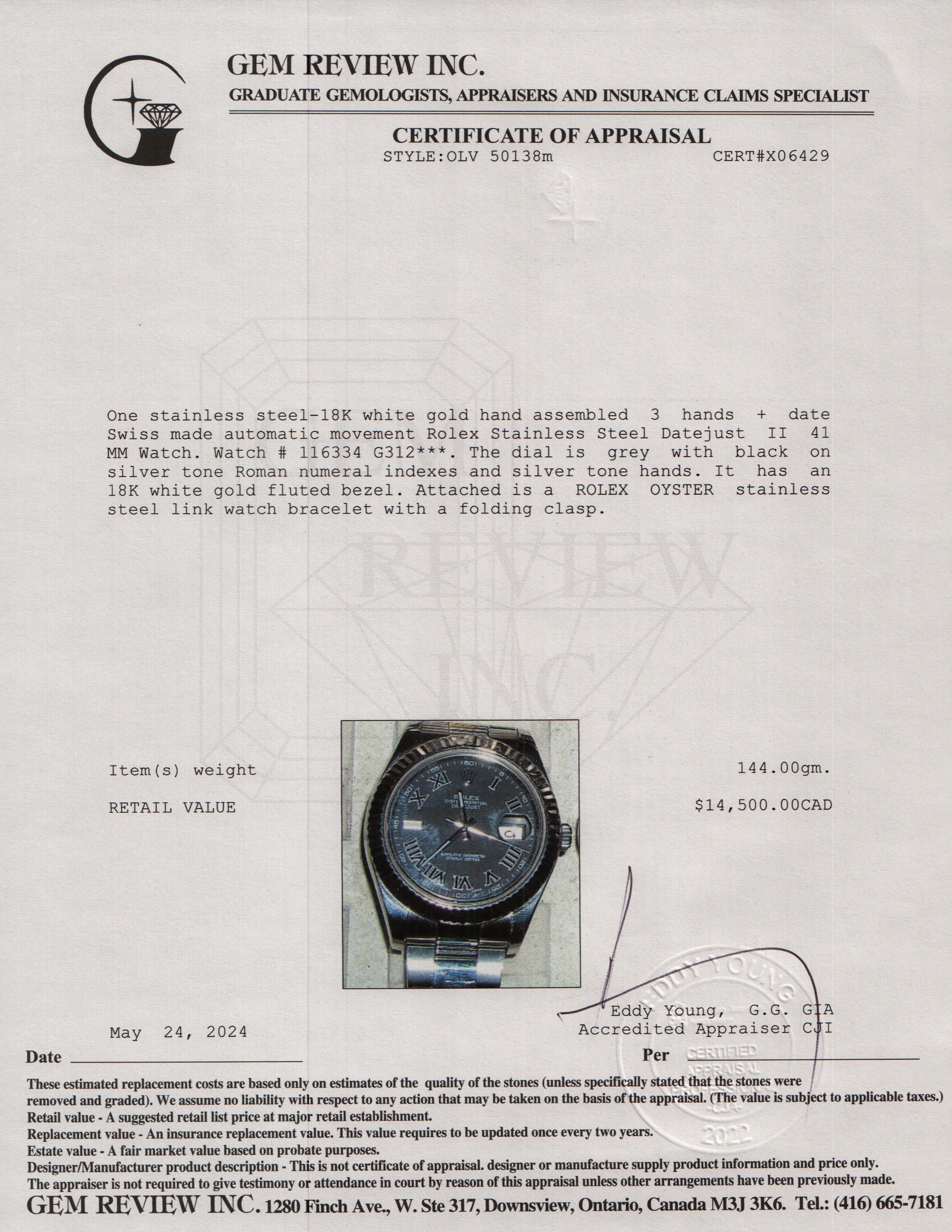 Rolex Stainless Steel Datejust II 41 MM Watch 116334 w/ Box & Papers