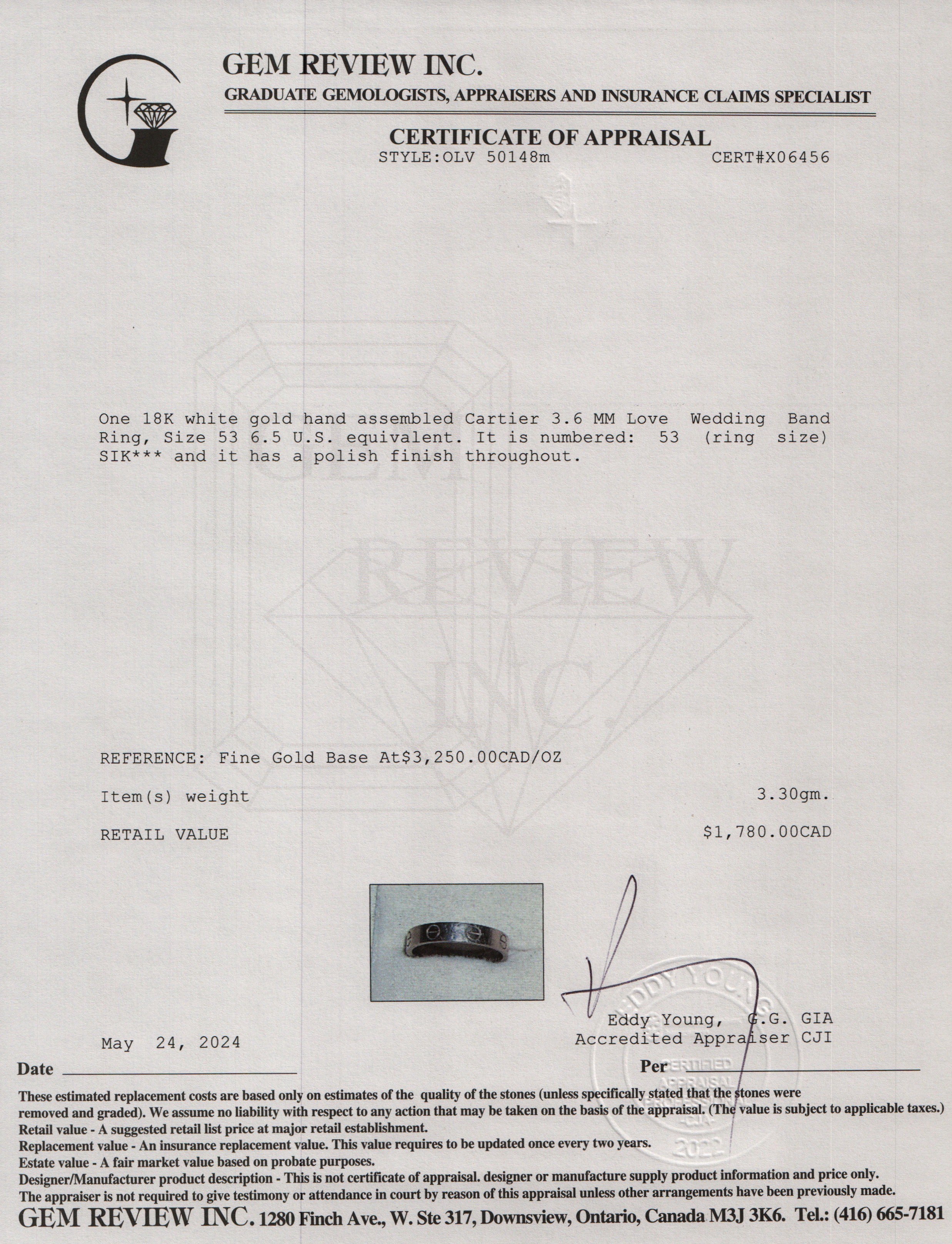 Cartier 2023 18k White Gold 3.6 MM Love Wedding Band Ring, Size 53 6.5 w/ Box & Certificate