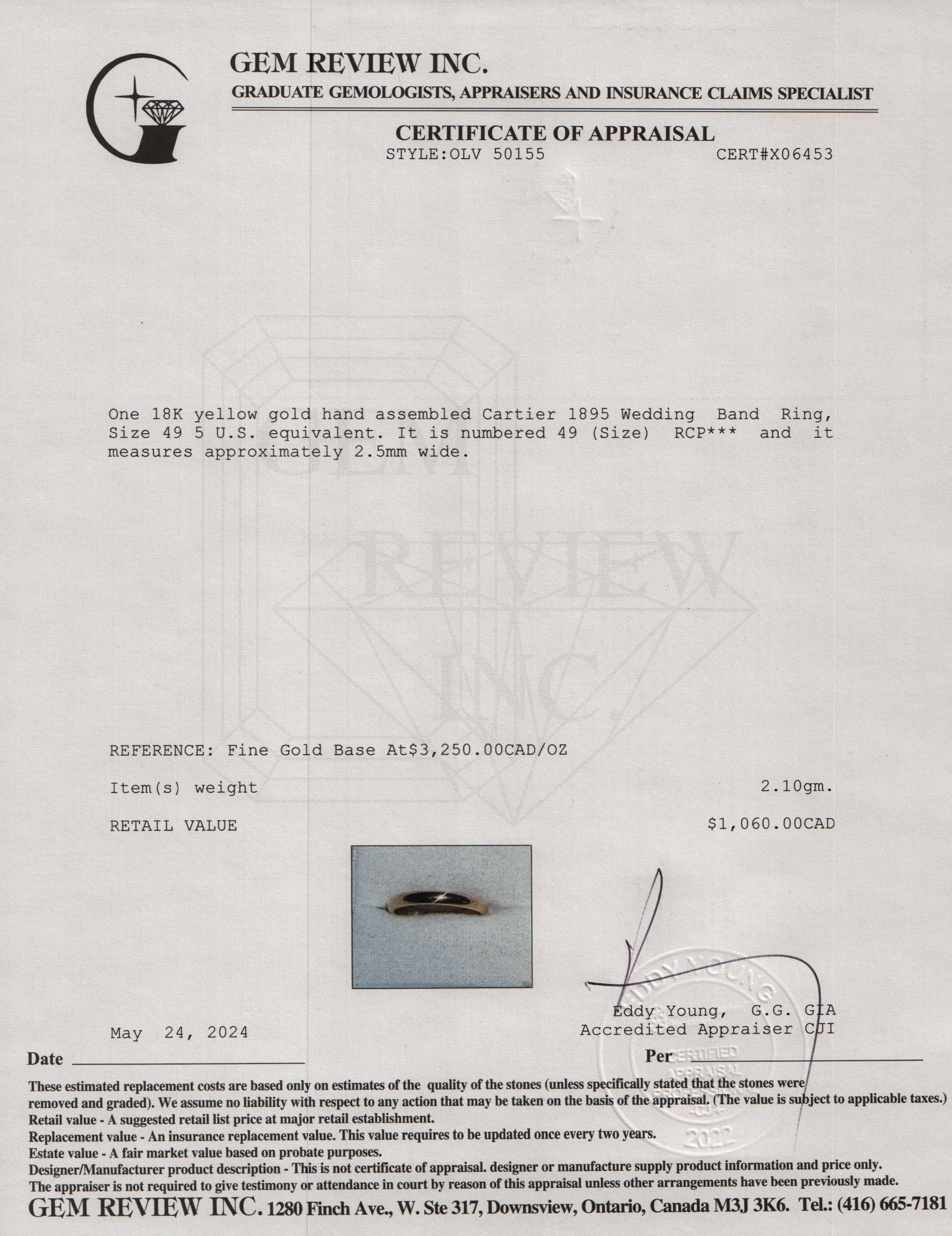 Cartier 2022 18k Yellow Gold 2.5 MM 1895 Wedding Band Ring, Size 49 5 w/ Pouch, Certificate & Receipt