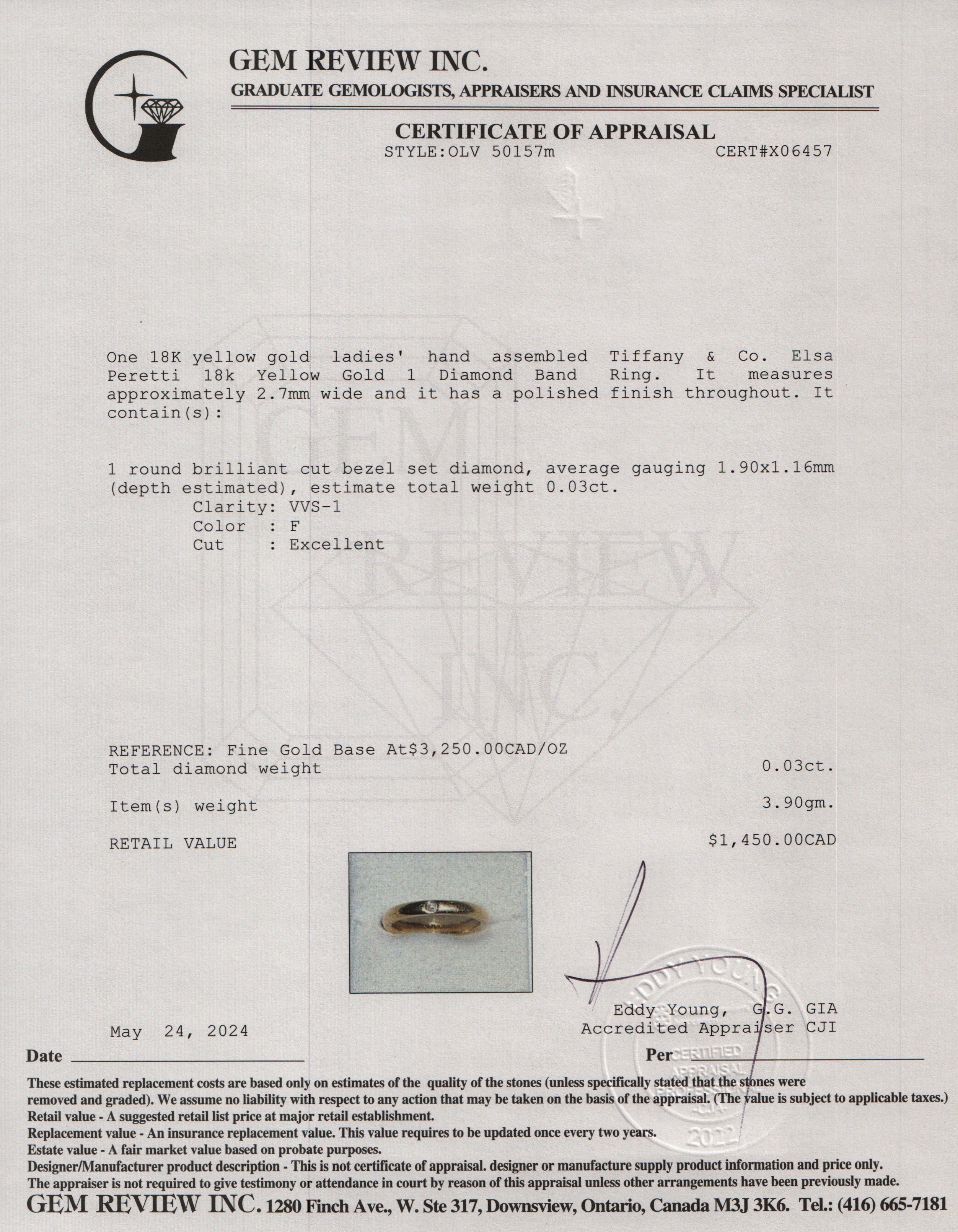 Tiffany & Co. Elsa Peretti 18k Yellow Gold 1 Diamond Band Ring