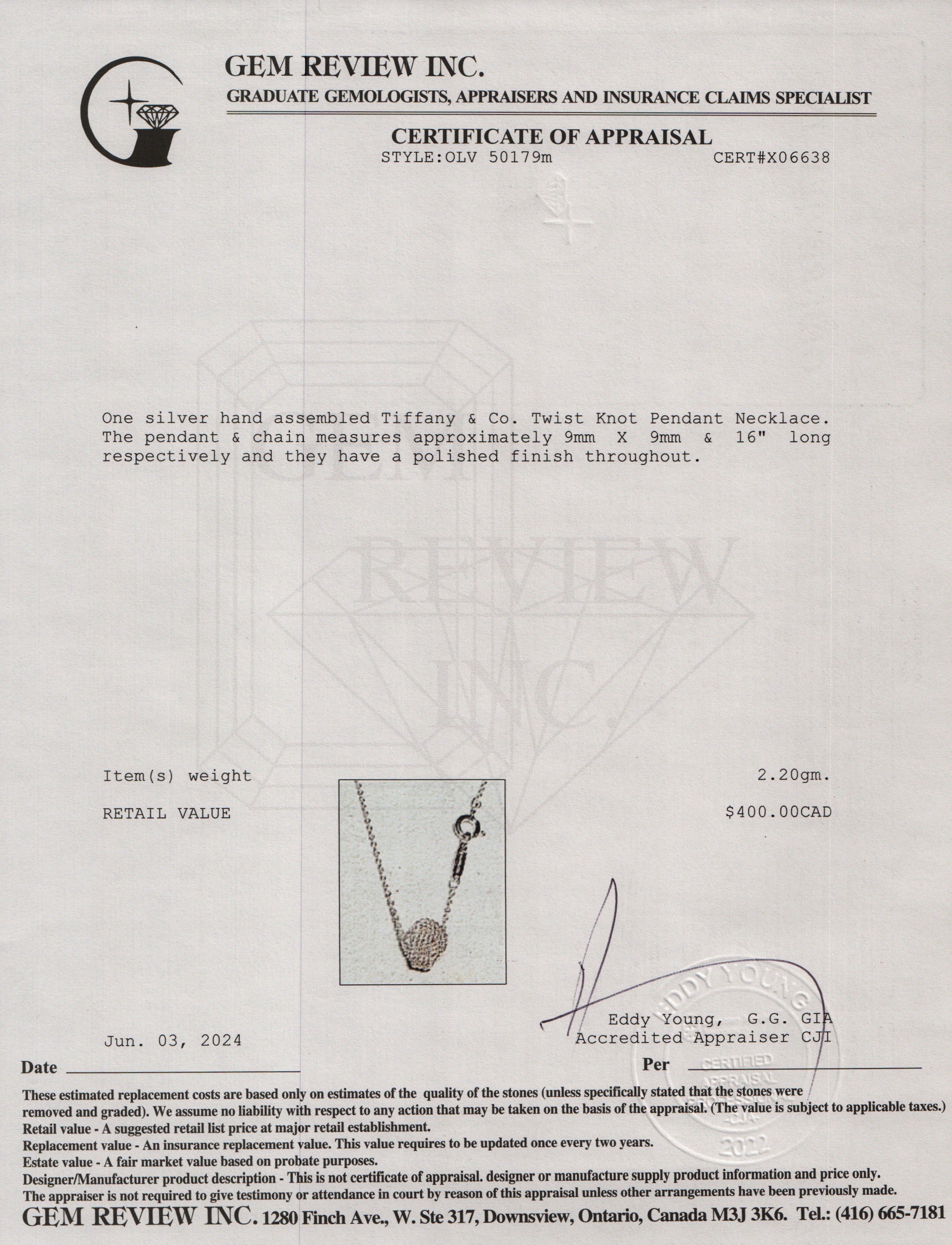 Tiffany & Co. Sterling Silver Twist Knot Pendant Necklace