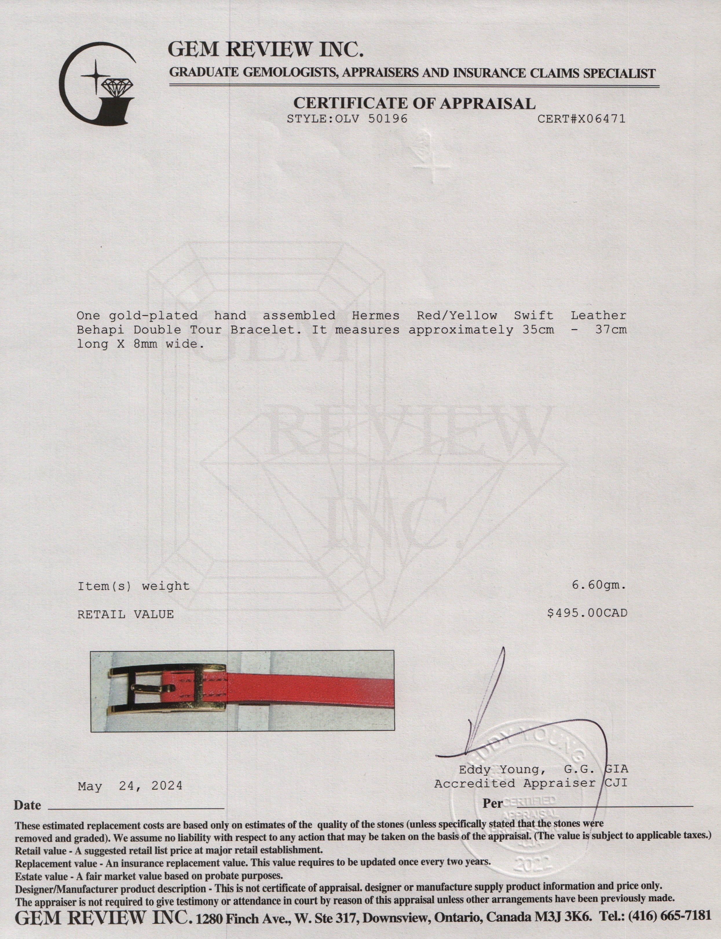 Hermes Gold Plated Red/Yellow Swift Leather Behapi Double Tour Bracelet w/ Box