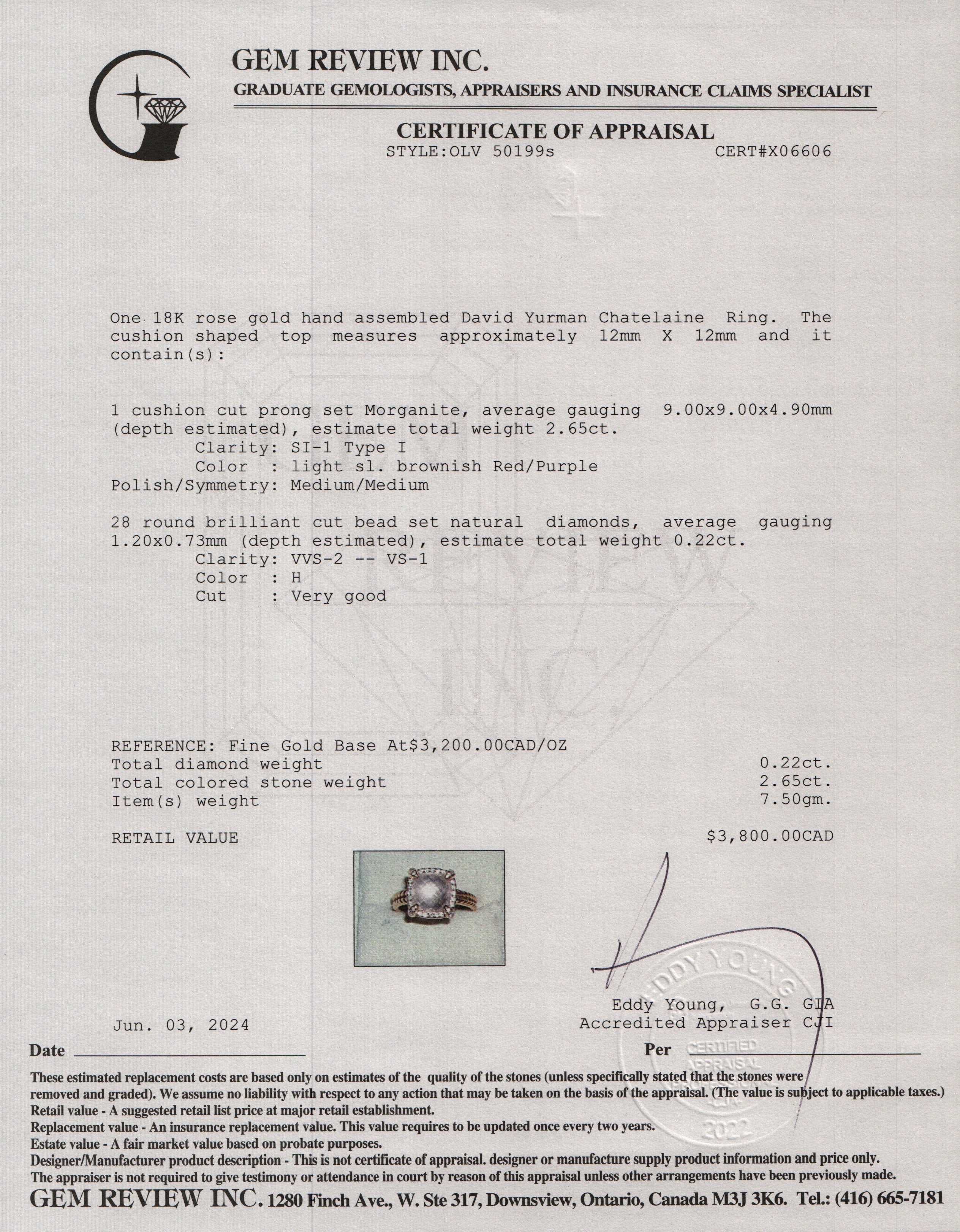 David Yurman 18k Rose Gold 9 MM Morganite & Diamond Chatelaine Ring, Size 6 w/ Box & Receipt