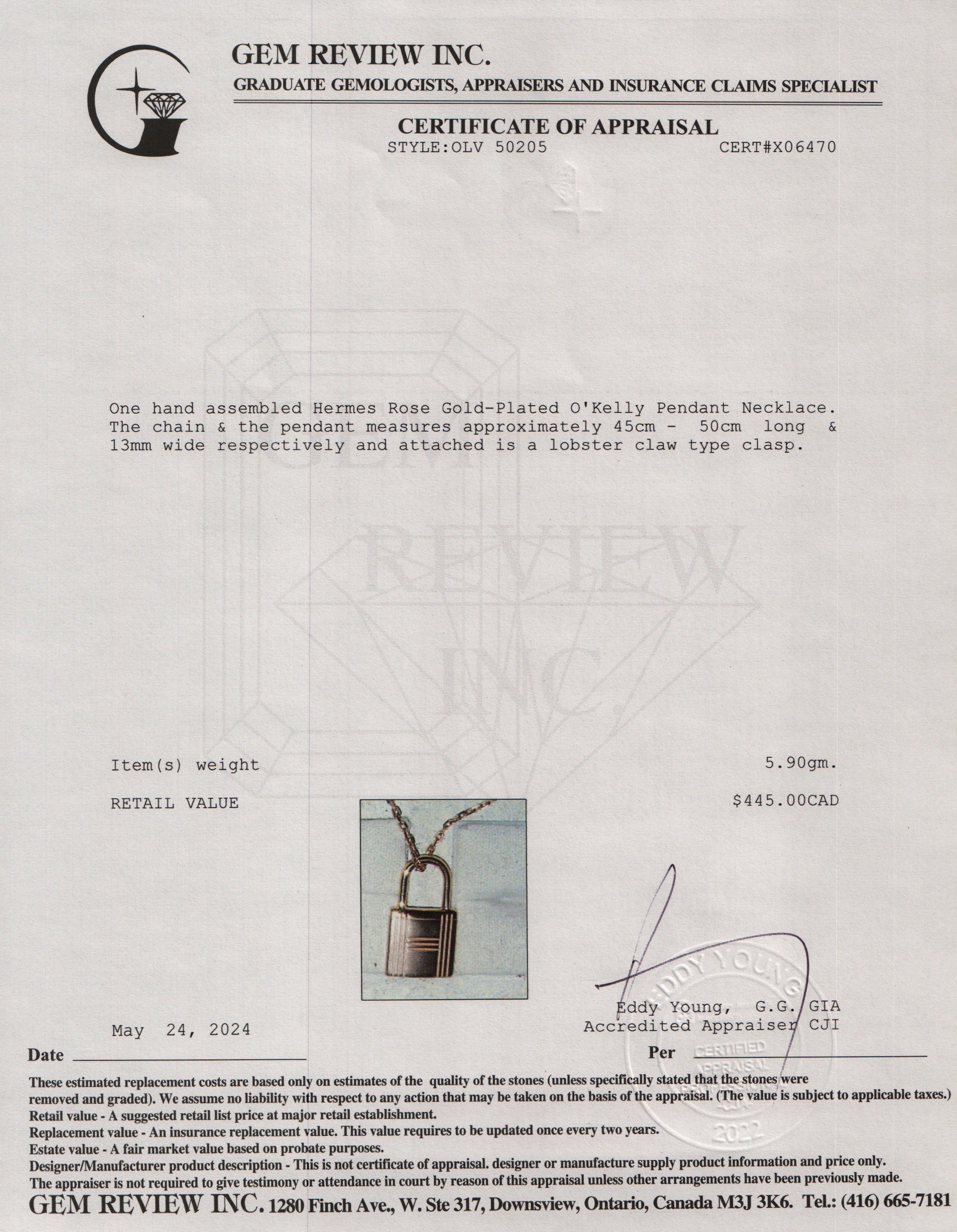 Hermes Rose Gold-Plated O'Kelly Pendant Necklace w/ Box