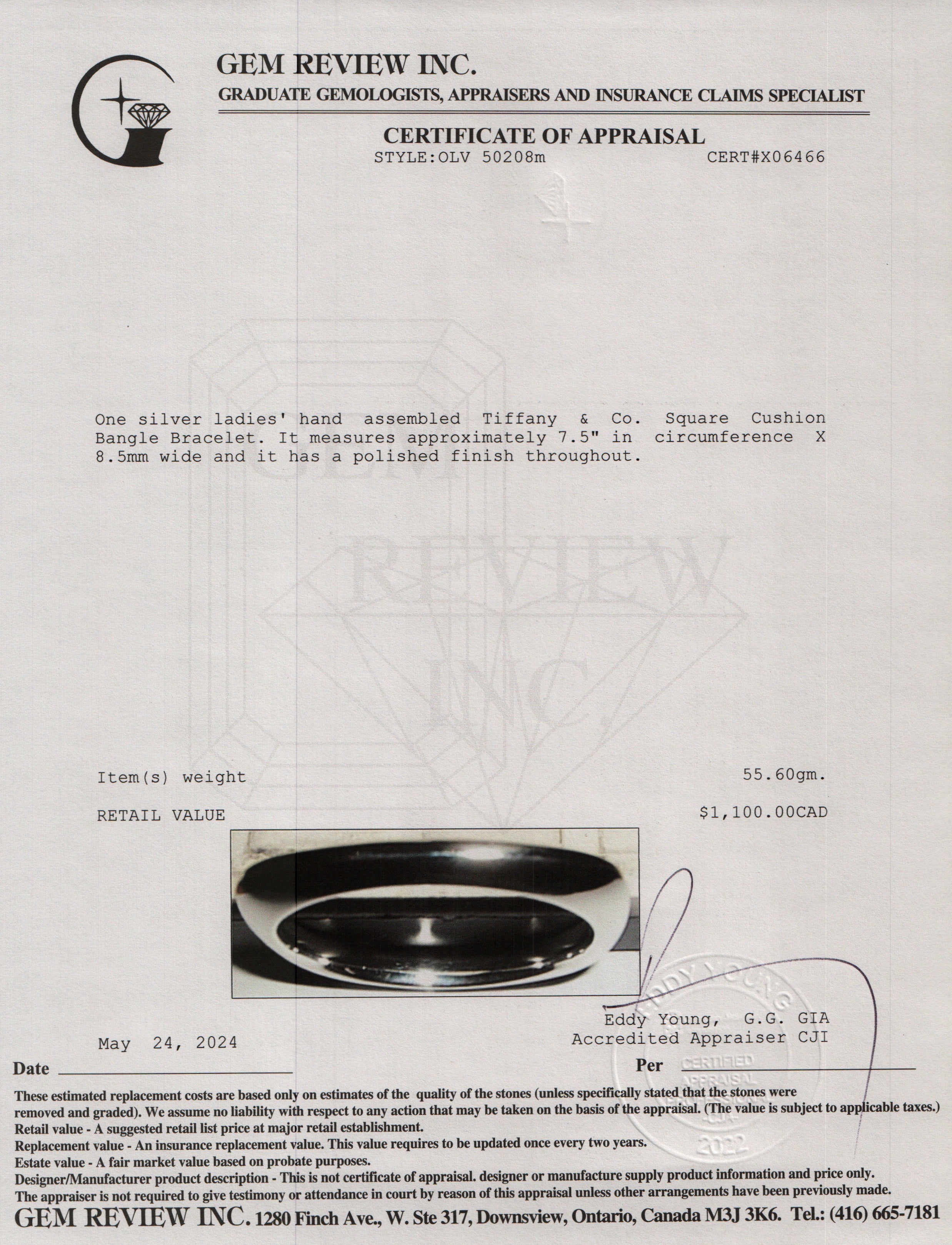 Tiffany & Co. Sterling Silver Square Cushion Bangle Bracelet