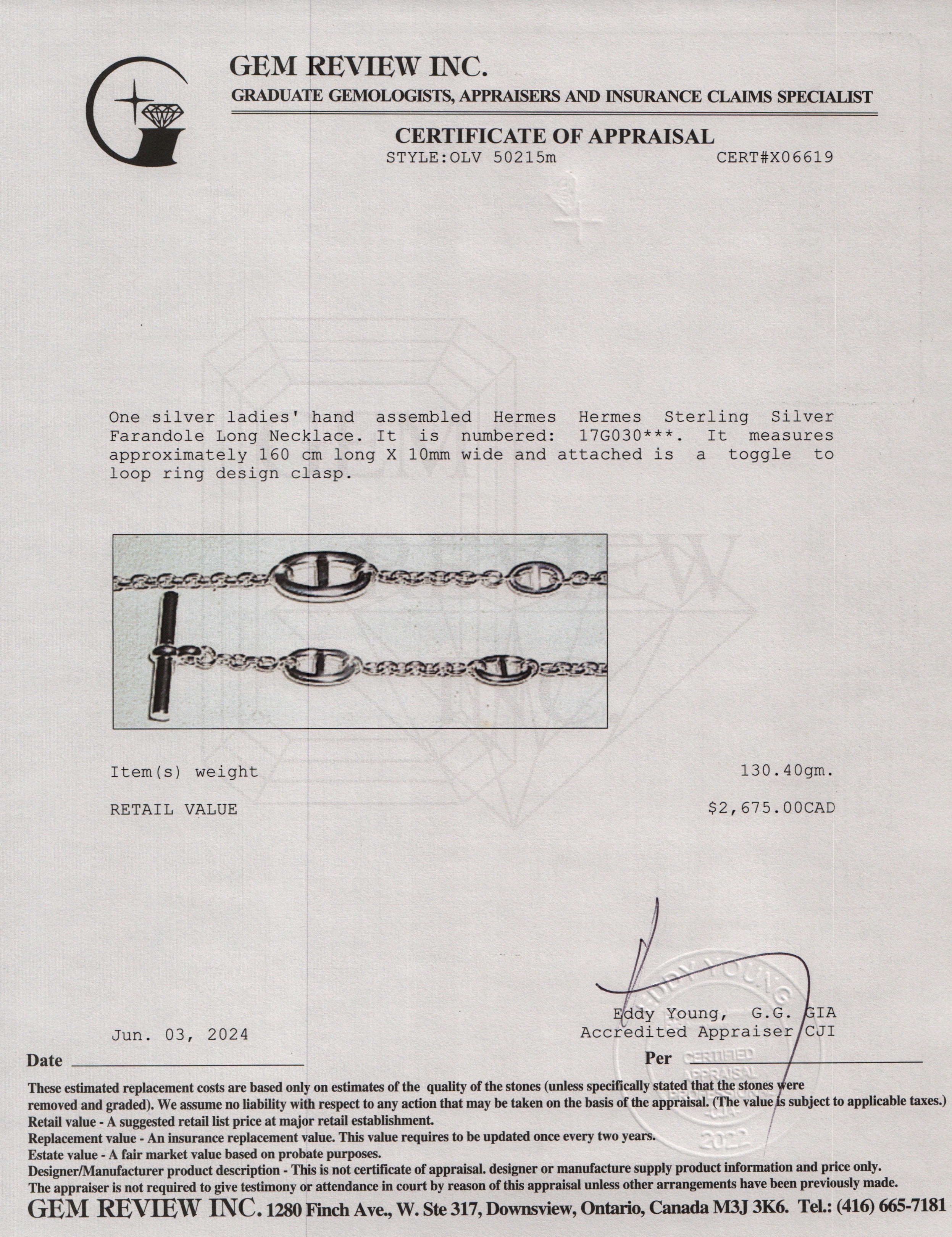 Hermes Sterling Silver Farandole Long Necklace, 160 cm w/ Box