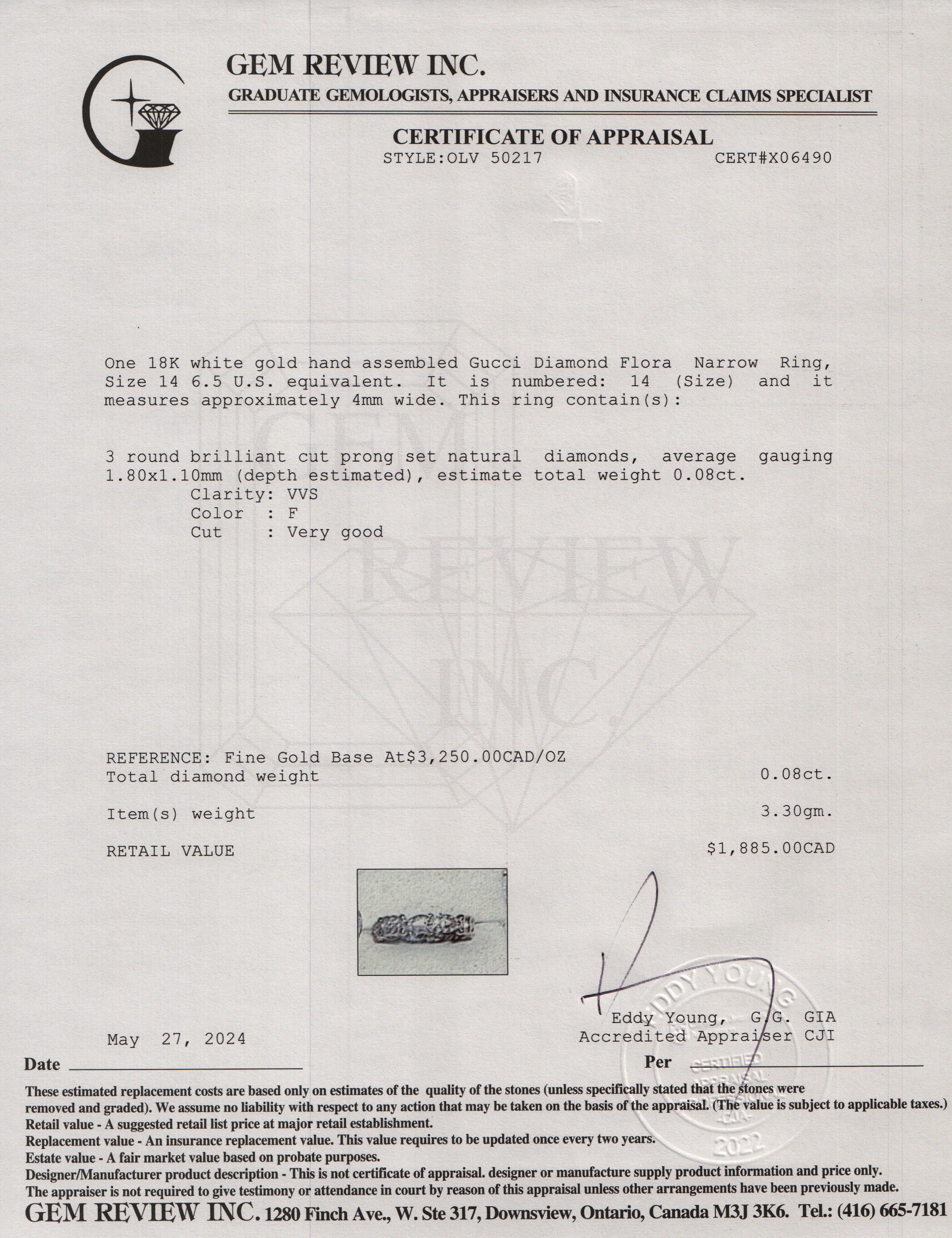 Gucci 18k White Gold Diamond Flora Narrow Ring, Size 14 6.5