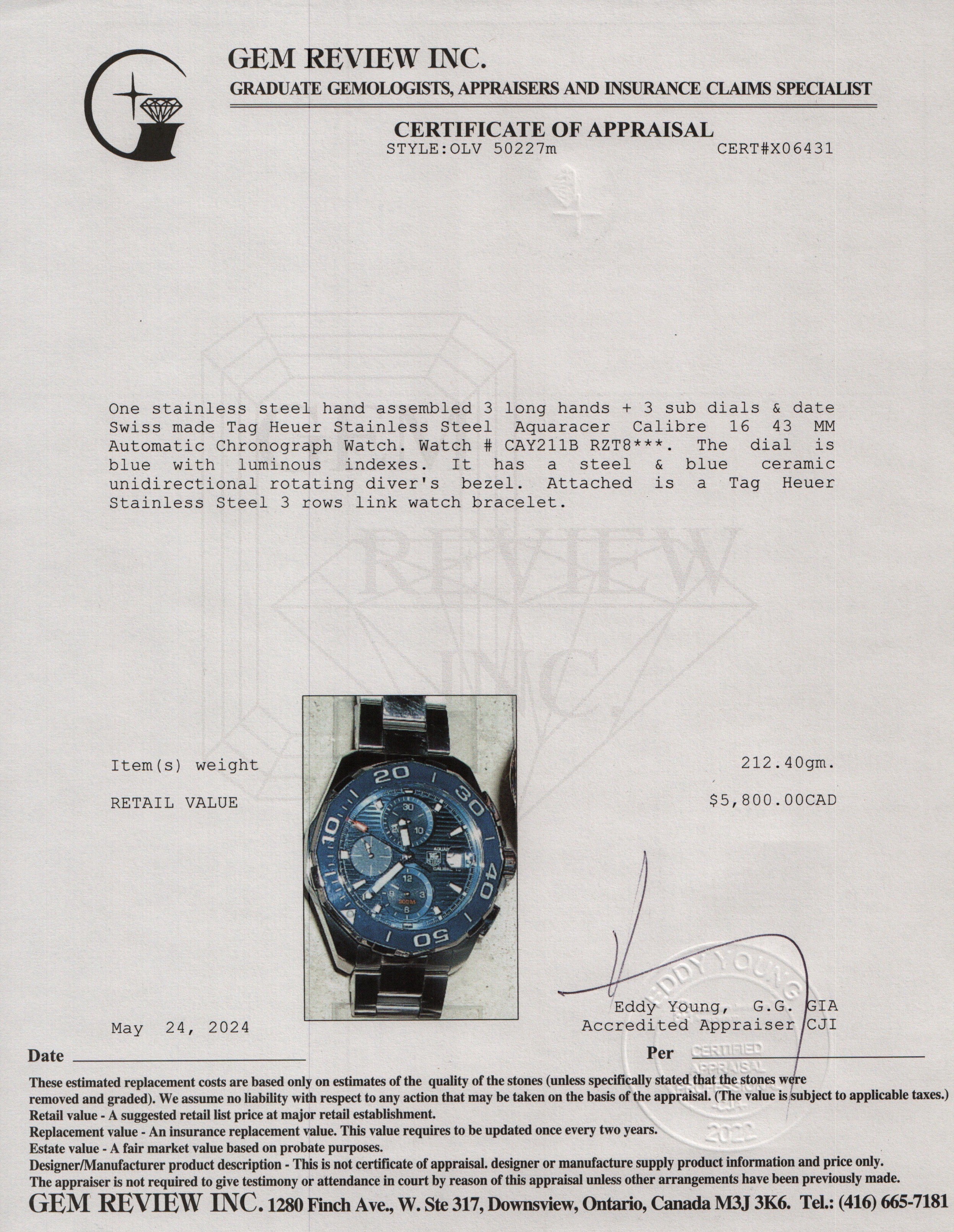 Tag Heuer Stainless Steel Aquaracer Calibre 16 43 MM Automatic Chronograph Watch CAY211B