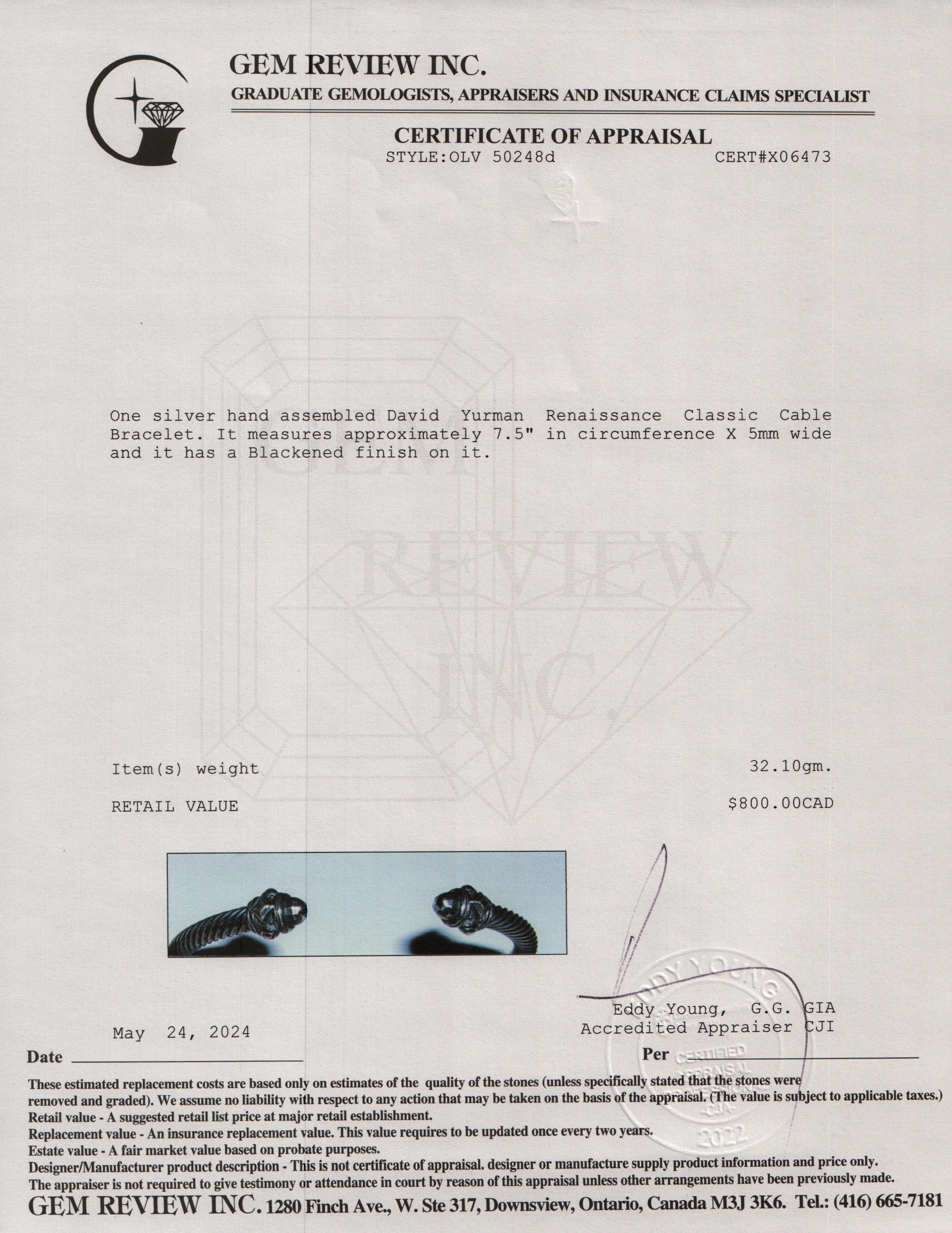 David Yurman Blackened Sterling Silver Renaissance Classic 5 MM Cable Bracelet