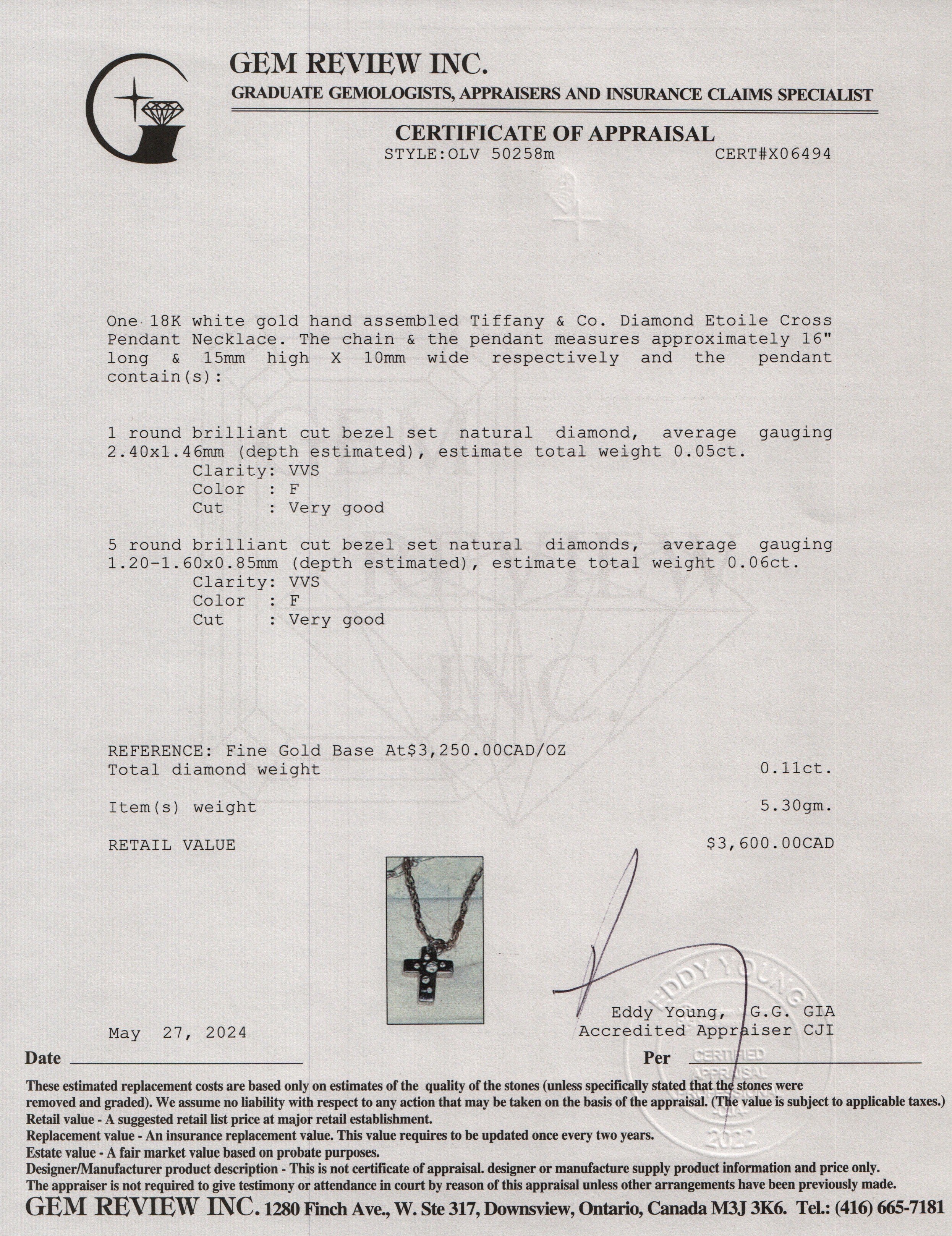 Tiffany & Co. 18k White Gold Diamond Etoile Cross Pendant Necklace w/ Box