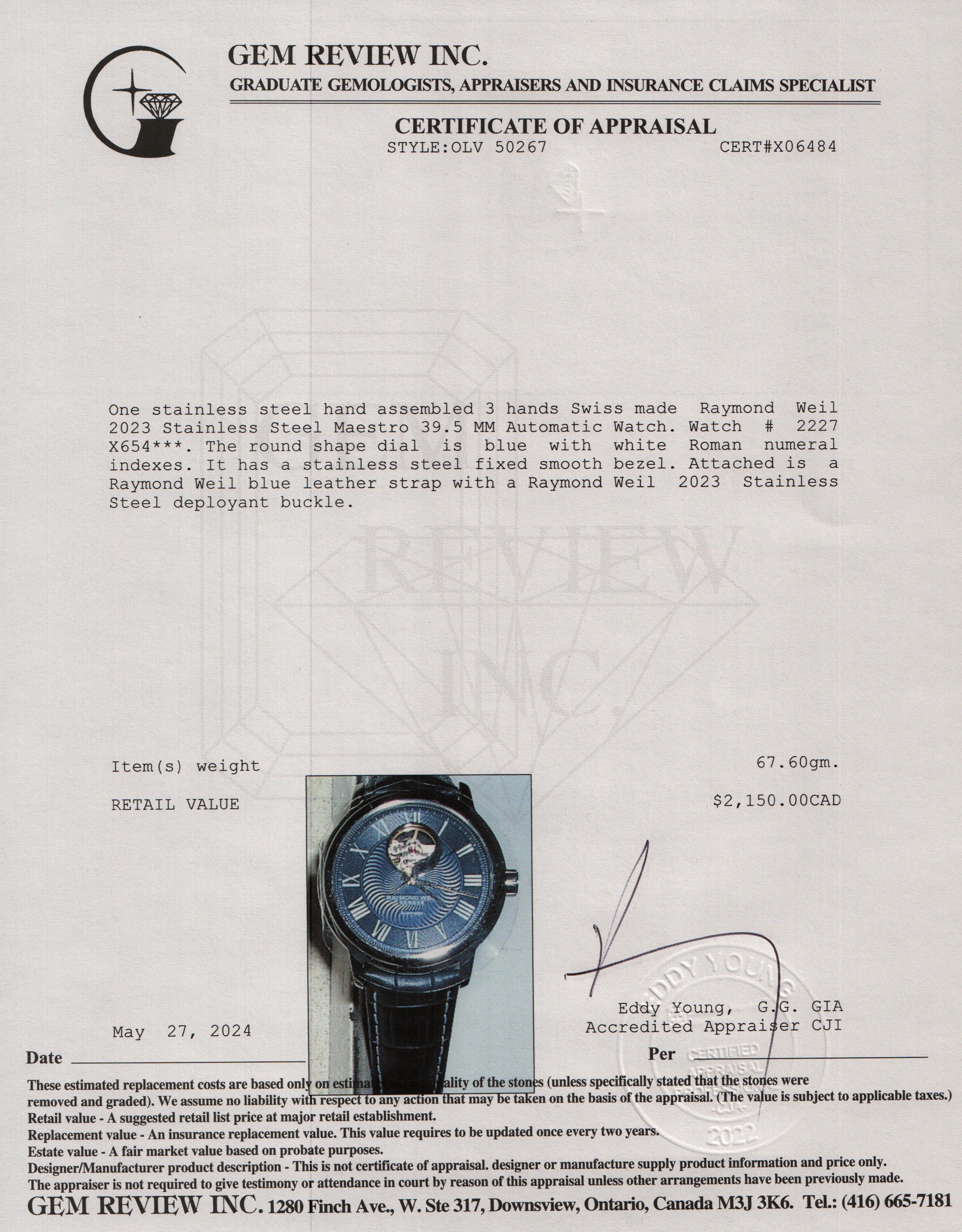 Raymond Weil 2023 Stainless Steel Maestro 39.5 MM Automatic Watch w/ Box & Papers