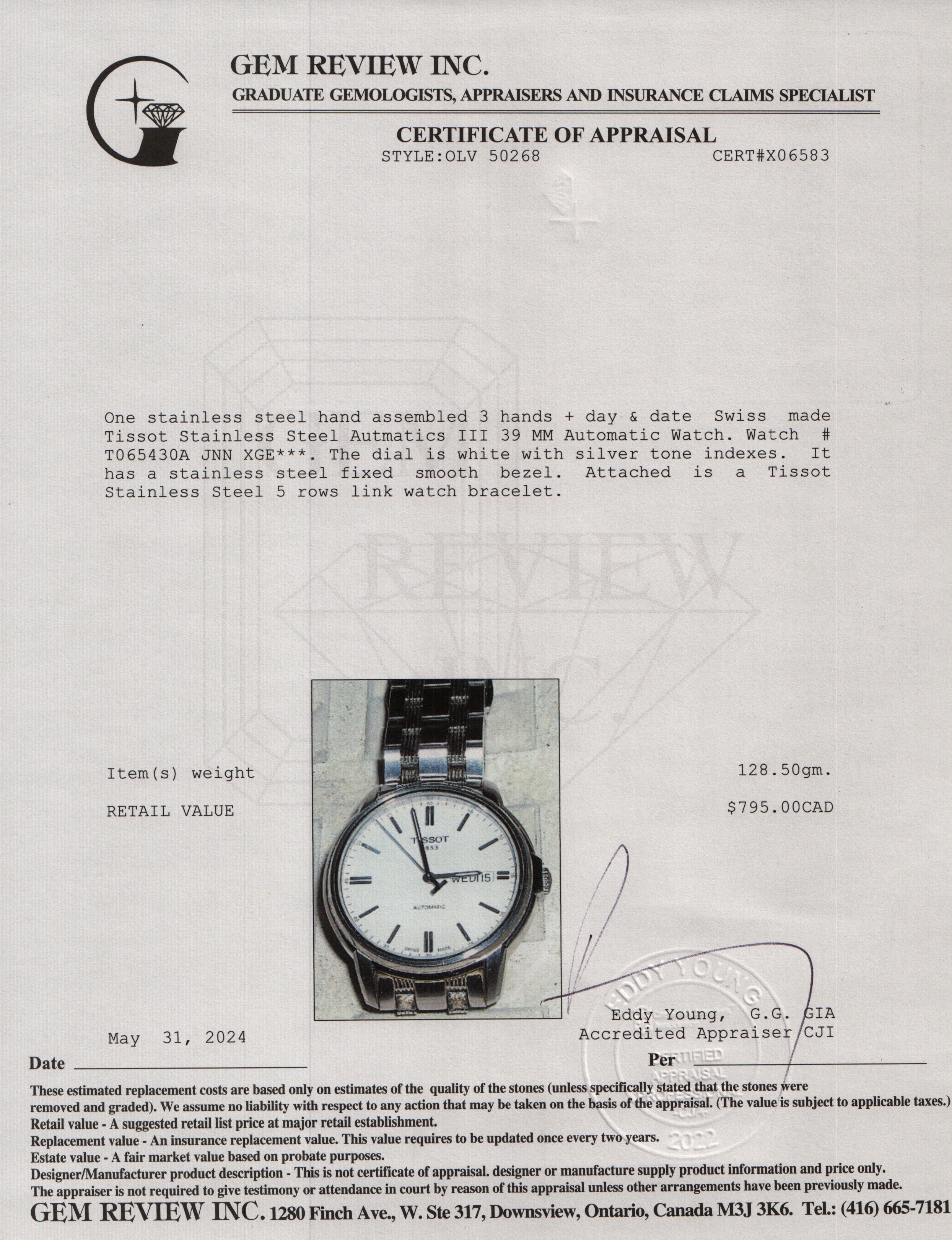 Tissot Stainless Steel Autmatics III 39 MM Automatic Watch w/ Box & Papers