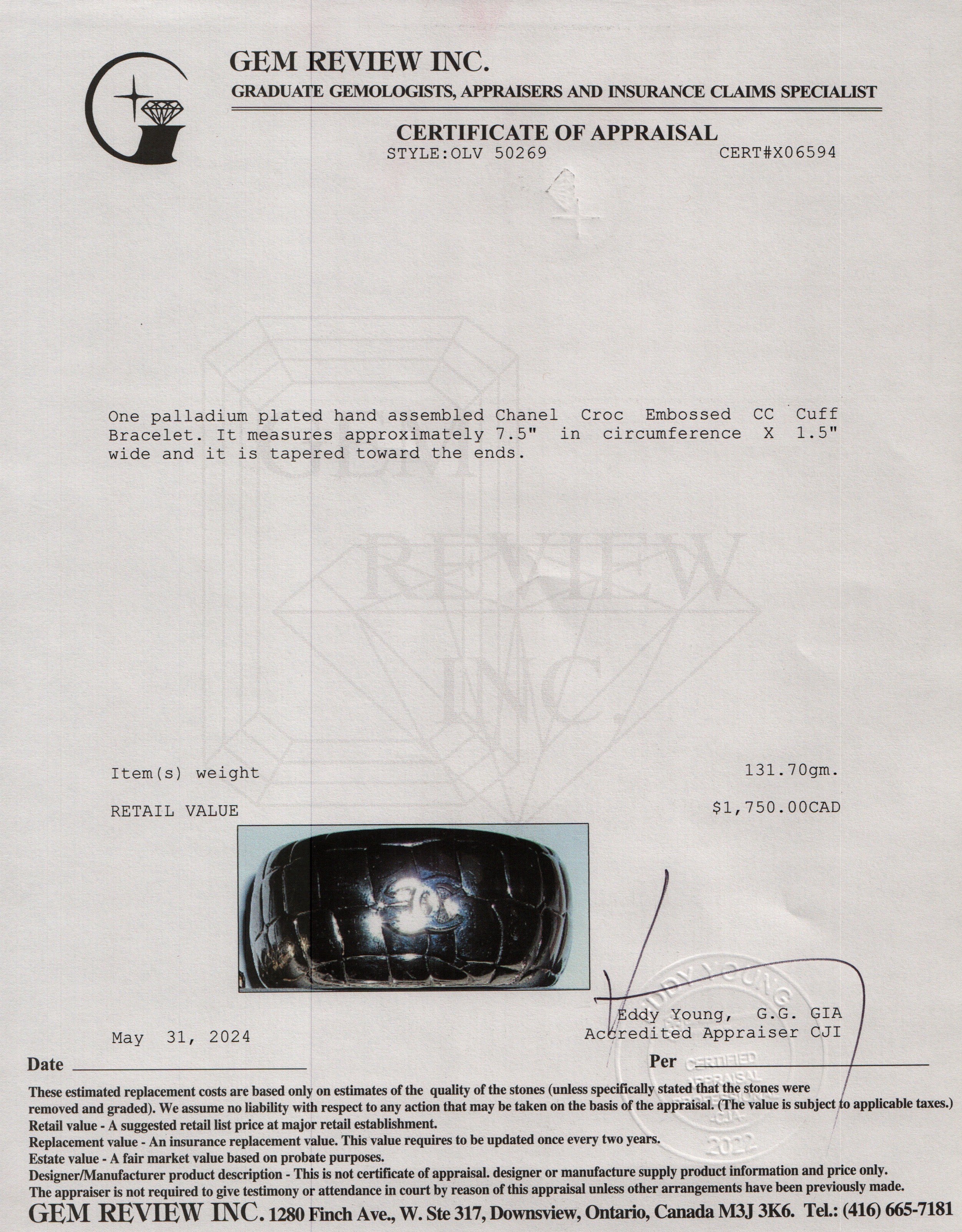 Chanel Palladium Plated Croc Embossed CC Cuff Bracelet w/ Box & Receipt