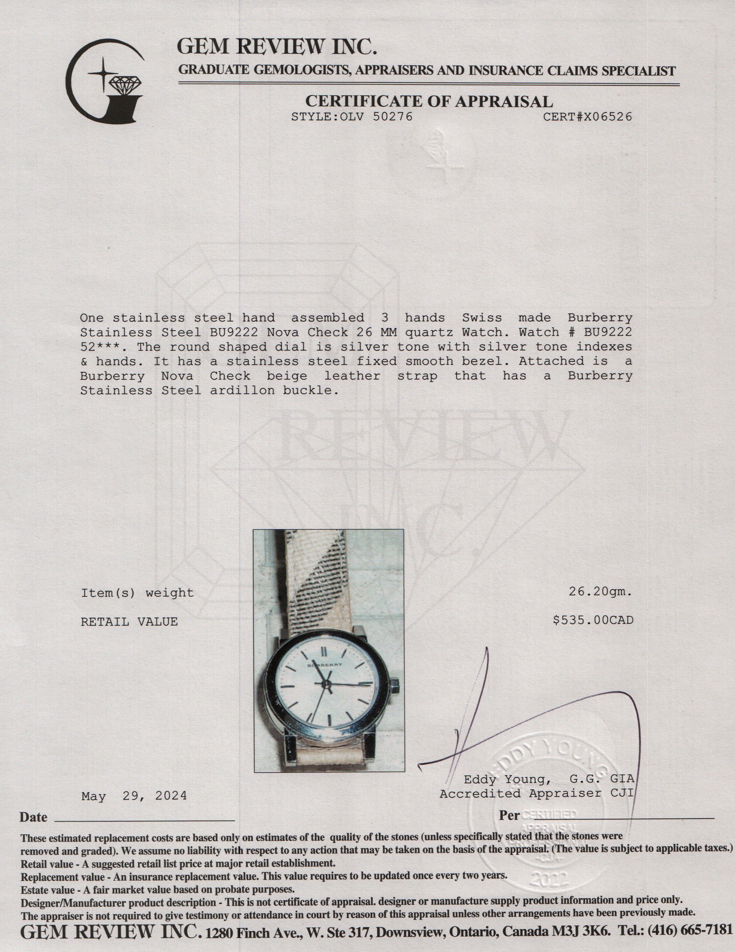 Burberry Stainless Steel BU9222 Nova Check 26 MM Watch w/ Box & Papers