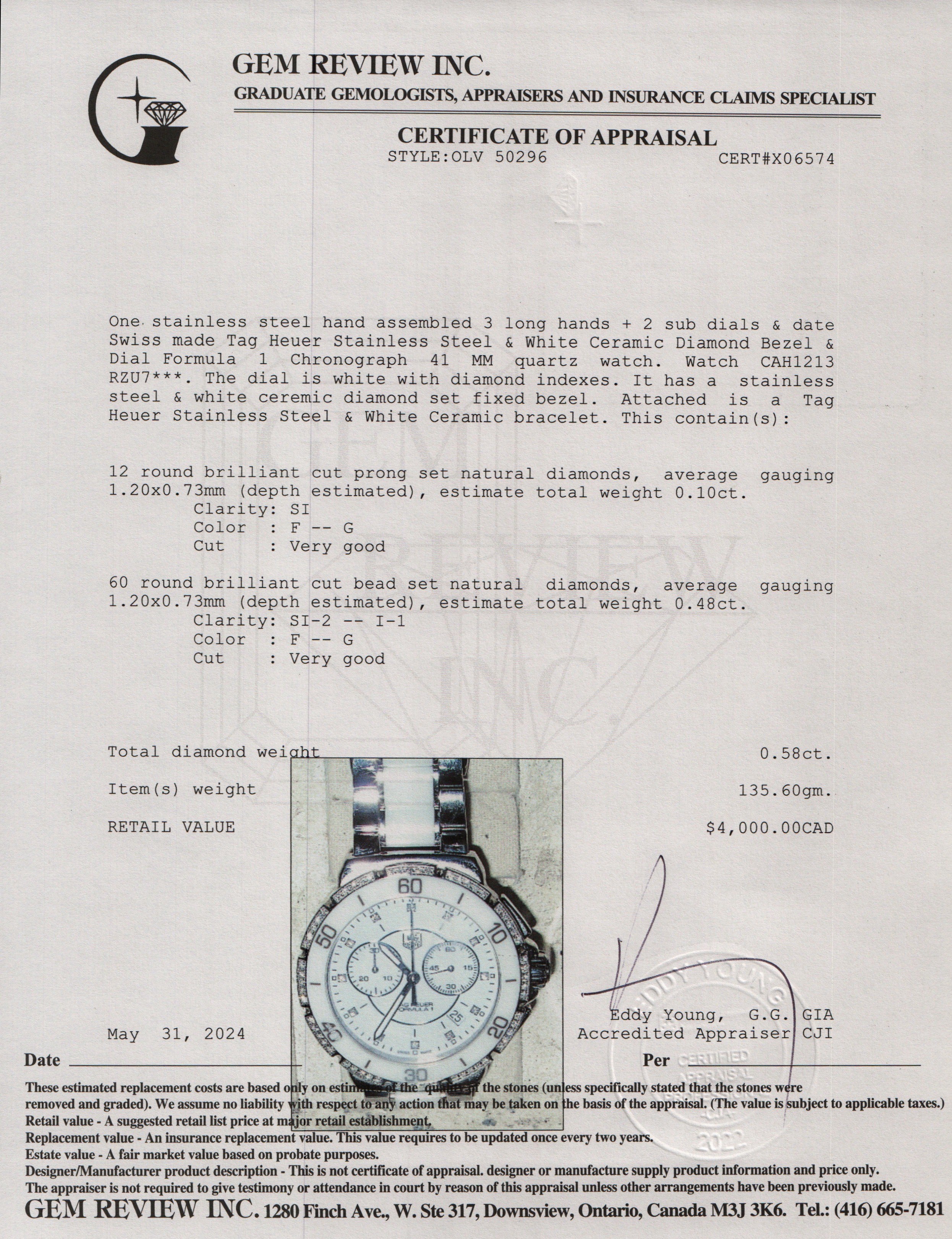 Tag Heuer Stainless Steel & White Ceramic Diamond Bezel & Dial Formula 1 Chronograph 41 MM Watch CAH1213