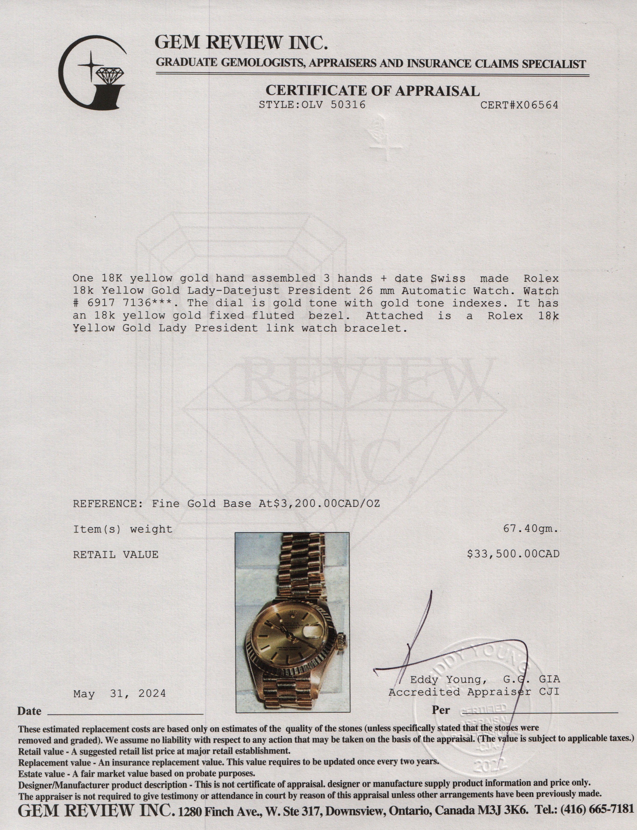 Rolex 18k Yellow Gold Lady-Datejust President 26 mm Watch 6917