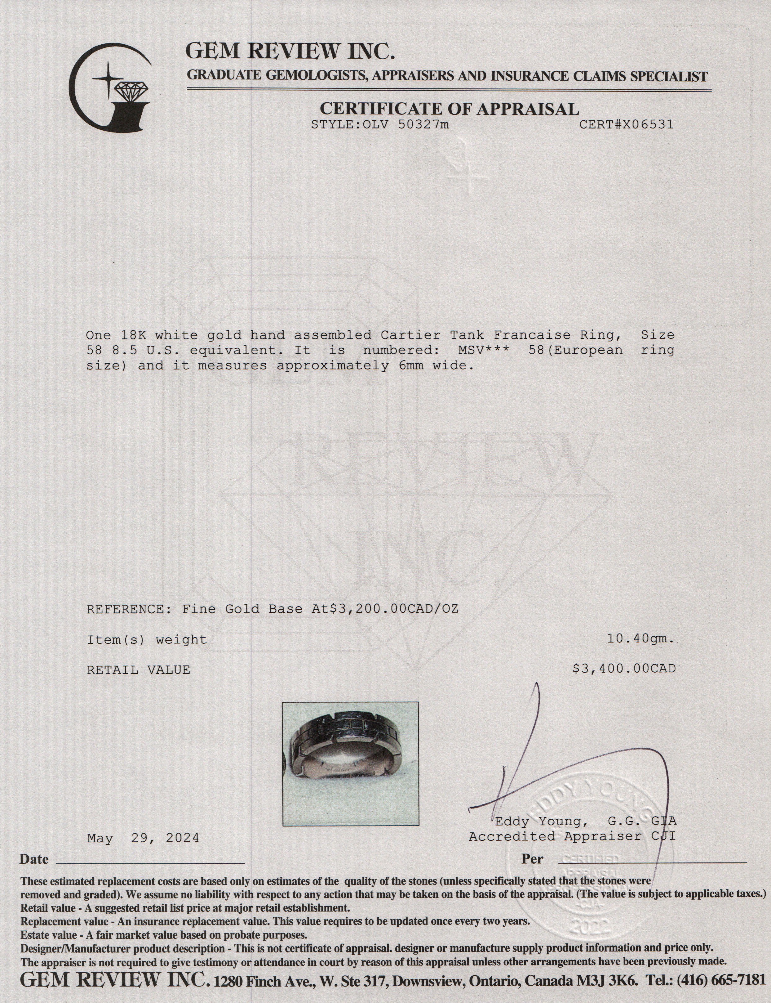 Cartier 2023 18k White Gold Tank Francaise Ring, Size 58 8.5 w/ Box, Receipt & Certificate