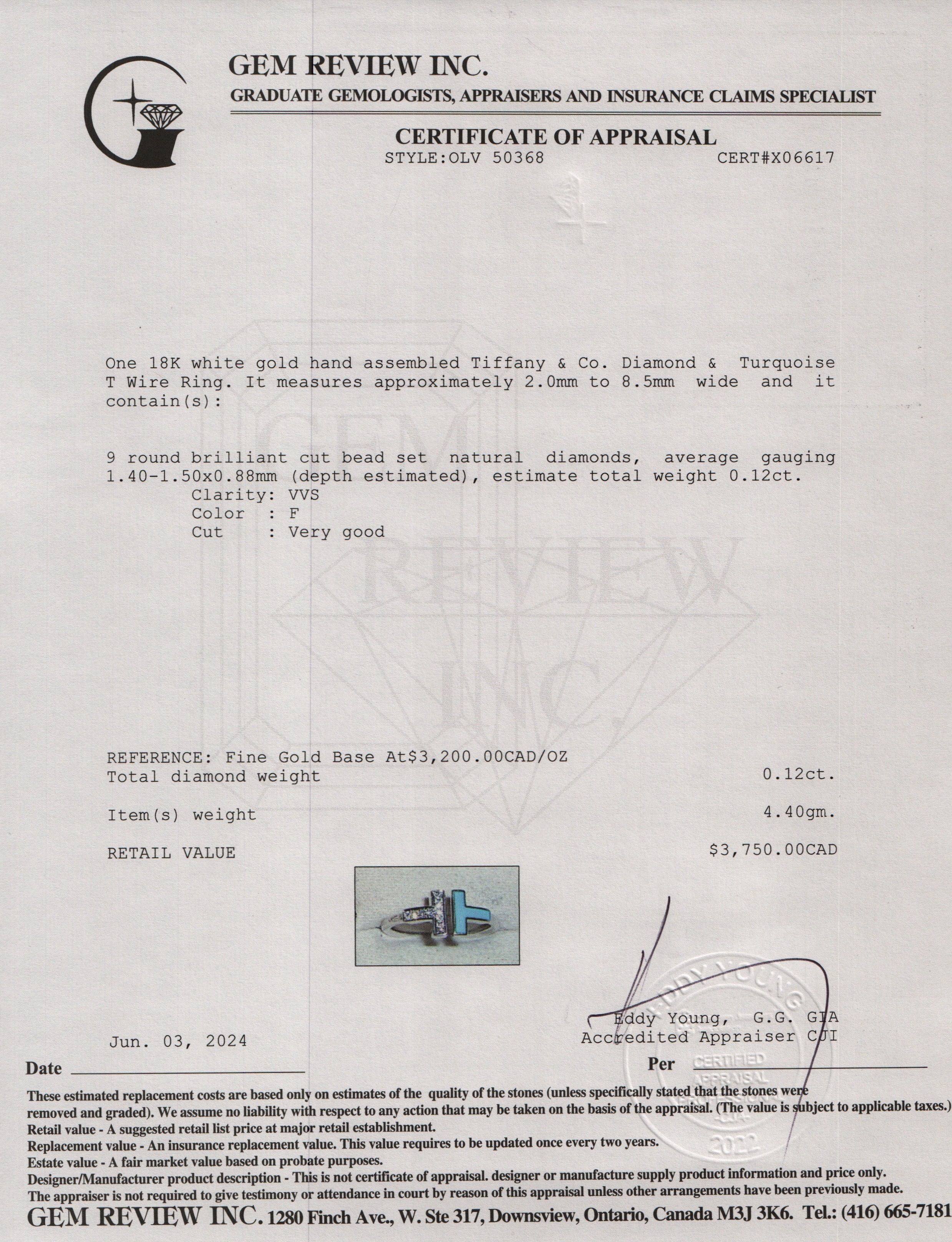 Tiffany & Co. 18k White Gold Diamond & Turquoise T Wire Ring, Size 7.5 w/ Box