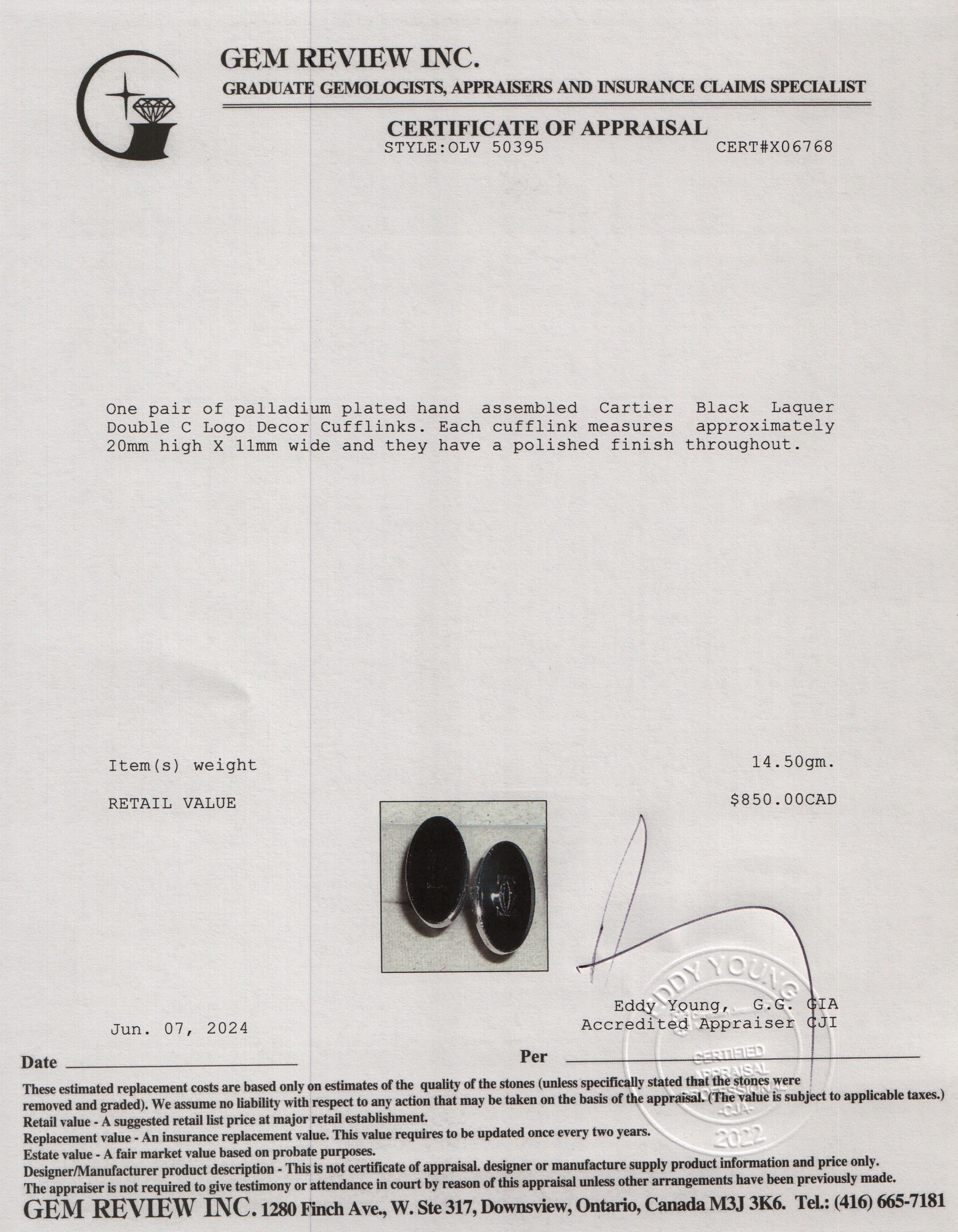 Cartier Palladium-Plated Black Laquer Double C Logo Decor Cufflinks