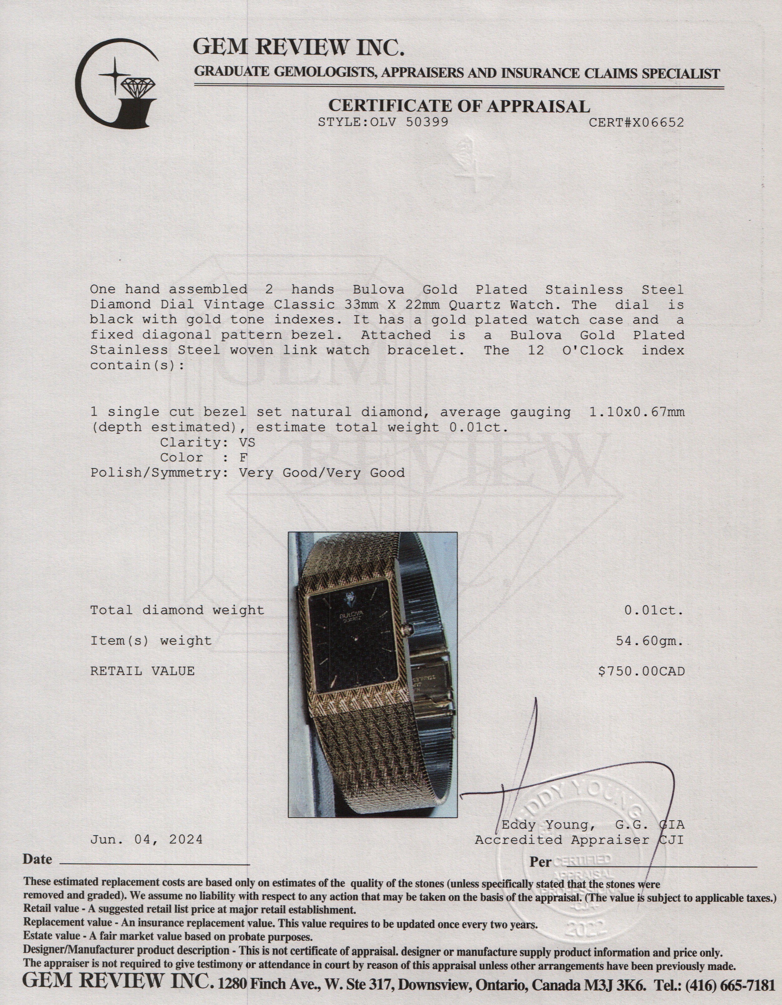 Bulova Gold Plated Stainless Steel Diamond Dial Vintage Classic Quartz Watch