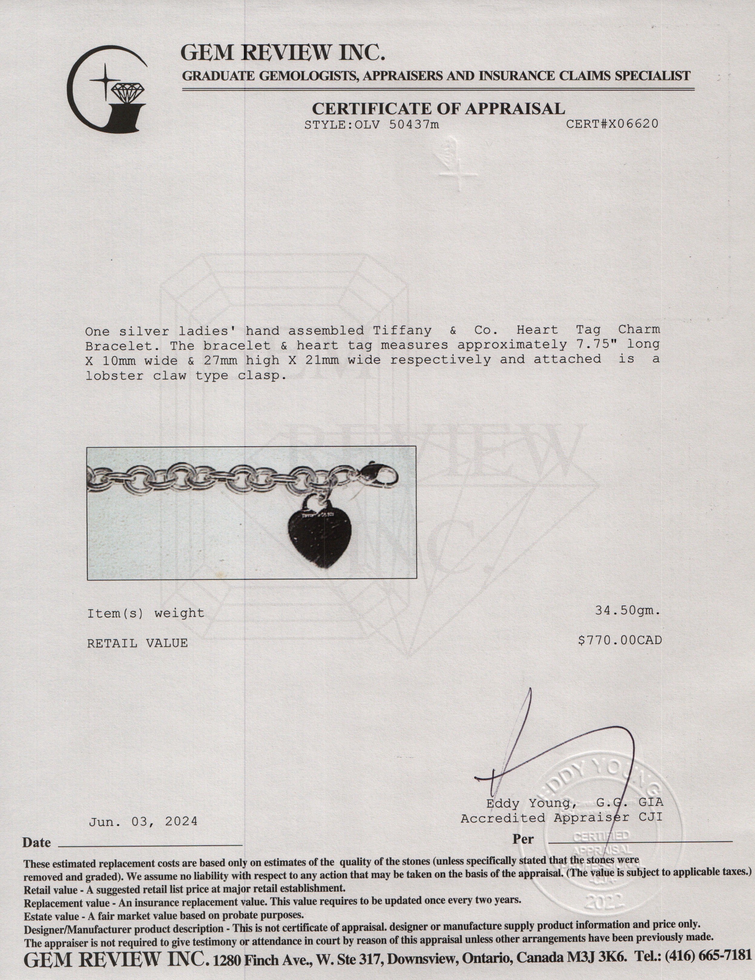 Tiffany & Co. Sterling Silver Heart Tag Charm Bracelet